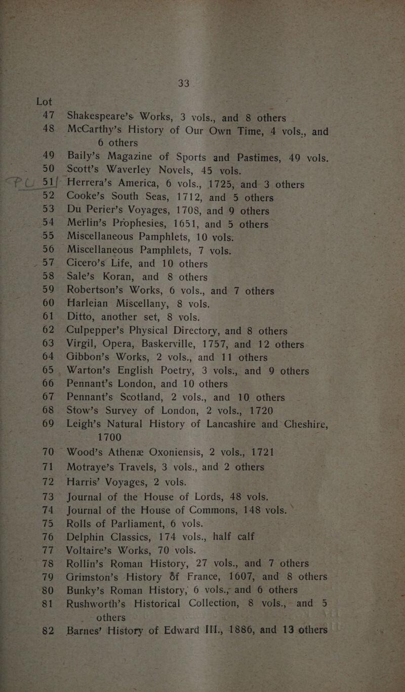 “sre? 2 McCarthy’s History of Our Own Time, 4 vols., and Baily’s Magazine of Sports and Pastimes, 49 vols. Scott’s Waverley Novels, 45 vols. Cooke’s South Seas, 1712, and 5 others Du Perier’s Voyages, 1708, and 9 others Merlin’s Prophesies, 1651, and 5 others” Miscellaneous Pamphlets, 10 vols. Miscellaneous Pamphlets, 7 vols. Cicero’s Life, and 10 others Sale’s Koran, and 8 others Robertson’s Works, 6 vols., and 7 othérs Harleian Miscellany, 8 vols. Ditto, another set, 8 vols. Pennant’s London, and 10 others Stow’s Survey of London, 2 vols., 1720 Leigh’s Natural History of Lancashire and Cheshire, 1700 Journal of the House of Lords, 48 vols. Journal of the House of Commons, 148 vols. ° Rolls of Parliament, 6 vols. Delphin Classics, 174 vols., half calf Voltaire’s Works, 70 vols. Rollin’s Roman History, 27 vols., and 7 others Grimston’s History 8f France, 1607, and 8 others Bunky’s Roman History, 6 vols.; and 6 others Rushworth’s Historical Collection, 8 vols.,- and 5 others Barnes’ History of Edward III., 1886, and 13 others