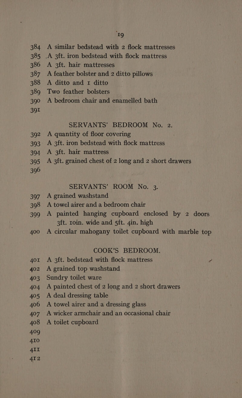 384 385 386 387 388 389 390 391 392 393 394 395 396 397 398 399 400 401 402 403 404 405 406 407 408 409 410 AIL AI 2 a A similar bedstead with 2 flock mattresses A 3ft. hair mattresses A feather bolster and 2 ditto pillows A ditto and 1 ditto Two feather bolsters A bedroom chair and enamelled bath SERVANTS’ BEDROOM No. 2. A quantity of floor covering A 3ft. iron bedstead with flock mattress A 3ft. hair mattress A 3ft. grained chest of 2 long and 2 short drawers SERVANTS’ ROOM No. 3. A grained washstand A towel airer and a bedroom chair A painted hanging cupboard enclosed by 2 doors 3ft. roin. wide and 5ft. gin. high A circular mahogany toilet cupboard with marble top COOK’S BEDROOM. A 3ft. bedstead with flock mattress 7 A grained top washstand Sundry toilet ware A painted chest of 2 long and 2 short drawers A deal dressing table A towel airer and a dressing glass A wicker armchair and an occasional chair A toilet cupboard