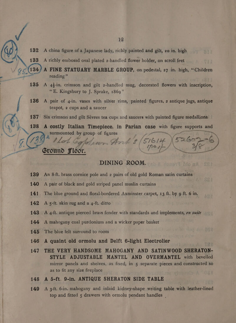 wt? 135 136 139 140 141 142 143 14.4 145 146 147 148 149 reading ” A 4$-in. crimson and gilt 2-handled mug, decorated flowers with inscription, “EK. Kingsbury to J. Sprake, 1869” A pair of 4-in. vases with silver rims, painted figures, 2 antique jugs, antique teapot, 2 cups and a saucer Six crimson and gilt Sévres tea cups and saucers with painted figure medallions A costly Italian Timepiece, in Parian case with figure supports ai a surmounted ms group of Leki | Net Galtier. Arik £/ Serf \(F2.602-6) Pe ’ (foe ] = wey DINING ROOM. An 8-ft. brass cornice pole and 2 pairs of old gold Roman satin curtains A pair of black and gold striped panel muslin curtains The blue ground and floral-bordered Axminster carpet, 13 ft. by 9 ft. 6 in. A 5-ft. skin rug and a 4-ft. ditto A 4-ft. antique pierced brass fender with standards and implements, ex suze A mahogany coal purdonium and a wicker paper basket The blue felt surround to room A quaint old ormolu and Delft 6-light Electrolier THE VERY HANDSOME MAHOGANY AND SATINWOOD SHERATON- STYLE ADJUSTABLE MANTEL AND OVERMANTEL with bevelled mirror panels and shelves, as fixed, in 5 separate pieces and constructed so as to fit any size fireplace A 5-ft. 9-in. ANTIQUE SHERATON SIDE TABLE A 3-ft. 6-in. mahogany and inlaid kidney-shape writing table with leather-lined top and fitted 5 drawers with ormolu pendant handles |
