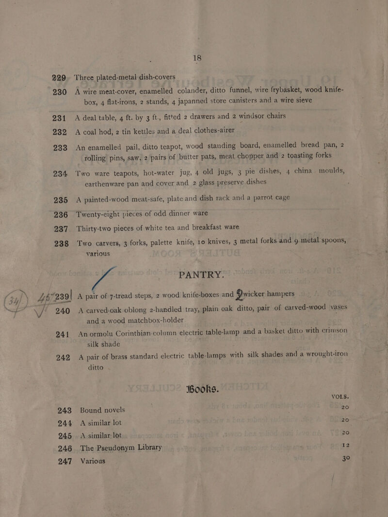 wh *. ~ ~~ . — 229 230 231 232 233 234 235 236 237 238 18 Three plated-metal dish-covers A wire meat-cover, enamelled colander, ditto funnel, wire frybasket, wood knife- box, 4 flat-irons, 2 stands, 4 japanned store canisters and a wire sieve A deal table, 4 ft. by 3 ft., fitted 2 drawers and 2 windsor chairs A coal hod, 2 tin kettles and a deal clothes-airer An enamelled pail, ditto teapot, wood standing board, enamelled bread pan, 2 rolling pins, saw, 2 pairs of butter pats, meat chopper and 2 toasting forks Two ware teapots, hot-water jug, 4 old jugs, 3 pie dishes, 4 china moulds, earthenware pan and cover and 2 glass preserve dishes A painted-wood meat-safe, plate and dish rack and a parrot cage Twenty-eight pieces of odd dinner ware Thirty-two pieces of white tea and breakfast ware Two carvers, 3 forks, palette knife, 10 knives, 3 metal forks and g metal spoons, various rad PANTRY. 240 241 242, 243 244 245 246 247 A carved-oak oblong 2-handled tray, plain oak ditto, pair of carved-wood vases and a wood matchbox-holder An ormolu Corinthian-column electric table-lamp and a basket ditto with crimson silk shade 3 A pair of brass standard electric table-lamps with silk shades and a wrought-iron ditto Books. VOLS. Bound novels | . 20 A similar lot 20 A similar lot | — eS The Pseudonym Library 12 Various 39