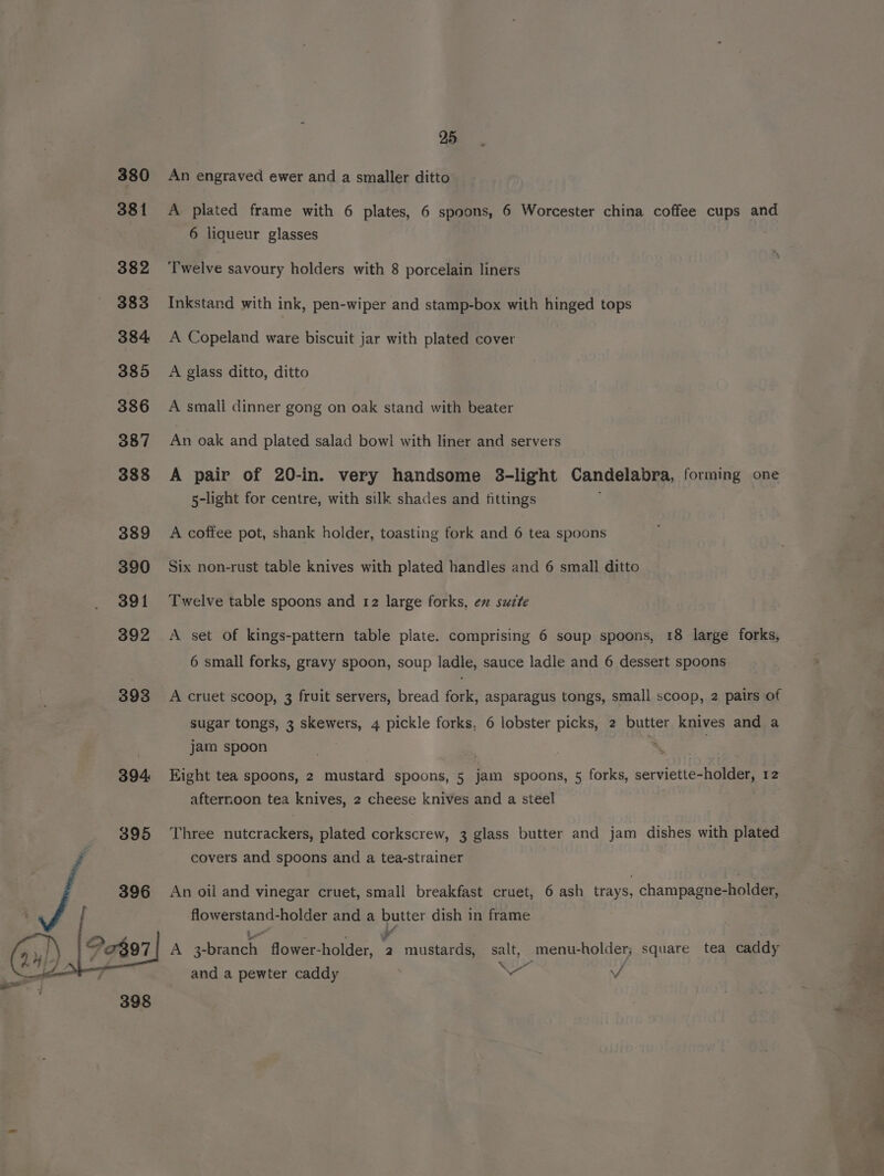 An engraved ewer and a smaller ditto A plated frame with 6 plates, 6 spoons, 6 Worcester china coffee cups and 6 liqueur glasses Twelve savoury holders with 8 porcelain liners Inkstand with ink, pen-wiper and stamp-box with hinged tops A Copeland ware biscuit jar with plated cover A glass ditto, ditto A small dinner gong on oak stand with beater An oak and plated salad bowl with liner and servers A pair of 20-in. very handsome 3-light Candelabra, forming one 5-light for centre, with silk shades and fittings A coffee pot, shank holder, toasting fork and 6 tea spoons Six non-rust table knives with plated handles and 6 small ditto Twelve table spoons and 12 large forks, ex sucte A set of kings-pattern table plate. comprising 6 soup spoons, 18 large forks, 6 small forks, gravy spoon, soup ladle, sauce ladle and 6 dessert spoons A cruet scoop, 3 fruit servers, bread fork, asparagus tongs, small scoop, 2 pairs of sugar tongs, 3 skewers, 4 pickle forks, 6 lobster picks, 2 butter knives and a jam spoon : Eight tea spoons, 2 mustard spoons, 5 jam spoons, 5 forks, serviette-holder, 12 afternoon tea knives, 2 cheese knives and a steel Three nutcrackers, plated corkscrew, 3 glass butter and jam dishes with plated covers and spoons and a tea-strainer An oil and vinegar cruet, small breakfast cruet, 6 ash trays, champagne-holder, aeons holder and a butter dish in frame A fo con A flower- holder, _ a mustards, salt, menu-holder; square tea caddy Villy / and a pewter caddy ie /