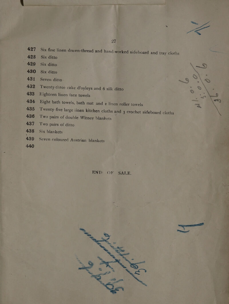 27 Vemay 427 Six fine linen drawn-thread and hand-worked sideboard and tray cloths 428 Six ditto ~ 429 Six ditto. \~—S 430 Six ditto ee Se 8\ ; 431 Seven ditto. | SS .\S 432 Twenty-three cake d’oyleys and 6 silk ditto ~ S mS 433 Eighteen linen face towels — | Se < __ 434 Eight bath towels, bath mat and > linen roller towels “> 435 Twenty-five large iinen kitchen cloths and 3 crochet sideboard cloths 436 Two pairs of double Witney blankets _ 437 Two pairs of ditto 438 Six blankets 439 Seven coloured Austrian blankets 44.0