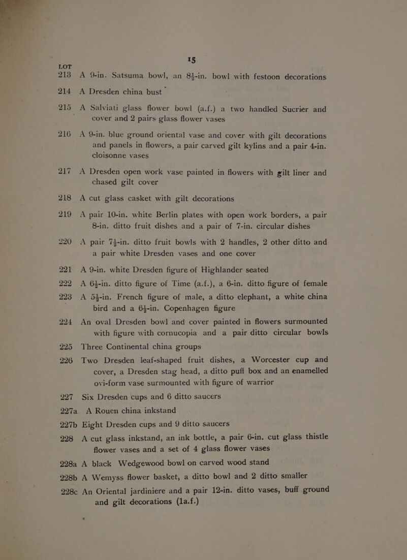 213 A 9-in. Satsuma bowl, an 81-in. bowl with festoon decorations 214 A Dresden china bust — 215 A Salviati glass flower bowl (a.f.) a two handled Sucrier and cover and 2 pairs glass flower vases 216 A 9-in. blue ground oriental vase and cover with gilt decorations and panels in flowers, a pair carved gilt kylins and a pair 4-in. cloisonne vases 217 A Dresden open work vase painted in flowers. with gilt liner and chased gilt cover 218 A cut glass casket with gilt decorations 219 A pair 10-in. white Berlin plates with open work borders, a pair 8-in. ditto fruit dishes and a pair of 7-in. circular dishes 220 A pair 74-in. ditto fruit bowls with 2 handles, 2 other ditto and a pair white Dresden vases and one cover 221 <A 9-in. white Dresden figure of Highlander seated 222 A 6$-in. ditto figure of Time (a.f.), a 6-in. ditto figure of female 223 A }-in. French figure of male, a ditto elephant, a white china bird and a 6$-in. Copenhagen figure 224 An oval Dresden bowl and cover painted in flowers surmounted with figure with cornucopia and a pair ditto circular bowls 225 Three Continental china groups 226 Two Dresden leaf-shaped fruit dishes, a Worcester cup and cover, a Dresden stag head, a ditto puff box and an enamelled ovi-form vase surmounted with figure of warrior 227 Six Dresden cups and 6 ditto saucers 227a A Rouen china inkstand 227b Eight Dresden cups and 9 ditto saucers 228 A cut glass inkstand, an ink bottle, a pair 6-in. cut glass thistle flower vases and a set of 4 glass flower vases 928a A black Wedgewood bowl on carved wood stand 228b A Wemyss flower basket, a ditto bowl and 2 ditto smaller 228c An Oriental jardiniere and a pair 12-in. ditto vases, buff ground and gilt decorations (la.f.)