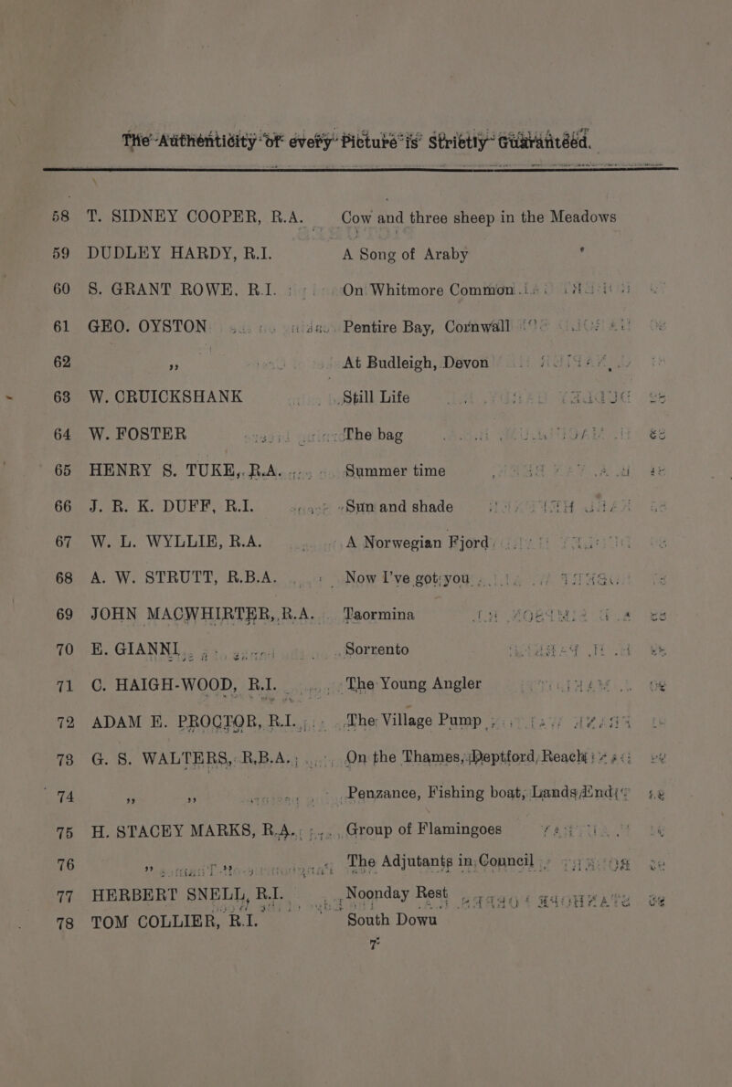 58 59 60 61 62 63 64 65 66 67 68 69 70 71 72 73 74 75 76 77 78 \ DUDLEY HARDY, B.1. S. GRANT ROWE. B.1. 3 W. CRUICKSHANK W. FOSTER J. R. K. DUFF, RI. W. L. WYLLIB, B.A. A. W. STRUTT, R.B.A. RK. GIANNI... C. HAIGH- WwoOoD, RL. 6 eRe WALTERS, .R,B.A..; 99 99 9? rece tT +). HERBERT SNELL, RI TOM COLLIER, Ree eS ae. oe 22 Si einet iatt ed Cow and three sheep in the Meadows ae Taormina (8 AORBIMIA Gos es Gy sees Oe 4 2) Se ee ee | The Adjutants in;Couneil » oy hog ~ PELE ob a fo wes eV EE at. Te) te 4 id | oh “4 , is! a fs % Sah yf