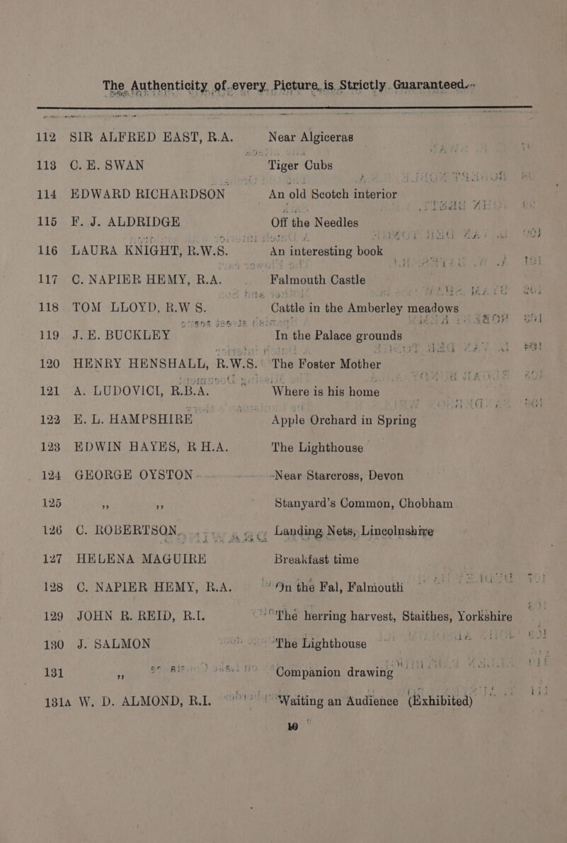 pale ee 5 Aiets ate &gt; 112 SIR ALFRED EAST, R.A. Near Algiceras 118 C. EB. SWAN Tiger Cubs BS Faas. 114 EDWARD RICHARDSON _An old Scoteh interior 115 F. J. ALDRIDGE Off the Needles 116 LAURA KNIGHT, R.W.S. ne ne interesting vee : | a | «5 i 117 C. NAPIER HEMY, a i | i alae Castle : ee a : ia : 118 TOM LLOYD,R.WS. Cattle in bie AWanAeTED meatows: : sen F 119 J. E. BUCKLEY i naar th the Palace aia pe ee ‘a 120 HENRY HENSHALL, RWS, “The Foster Mother ae . ? 121 A. LUDOVICI, R.B. Ae ae BiG ee is his fate Sox 123.) HL. HAMPSHIRE, 0. 18) wu Applemieeiand in apie ao 123 EDWIN HAYES, RH.A. The Lighthouse | 124. GEORGE OYSTON.- vs -Near Stareross, Devon 125 “ Stanyard’s Common, Chobham 126 C. ROBERTSON. ‘TWwAAC Landing Nets, Lincolushive 127 HELENA MAGUIRE Breakfast time AY), 128 ©. NAPIER HEMY, B.A. 2 9n the Fal, Falmouth ~~ Bee Sa cos 129 JOHN R. REID, RB.I. ‘40 he herring harvest, Seer Yorkshire : 130 J. SALMON 0h. Phe Lighthouse Ta ae sae 131 i ge oRigiies) Gum fo ‘Companion draiing oe fa ‘i 8 i8la W. D. ALMOND, R.I. “’'’ “Waiting an Audience (lixhibited) Pe ver
