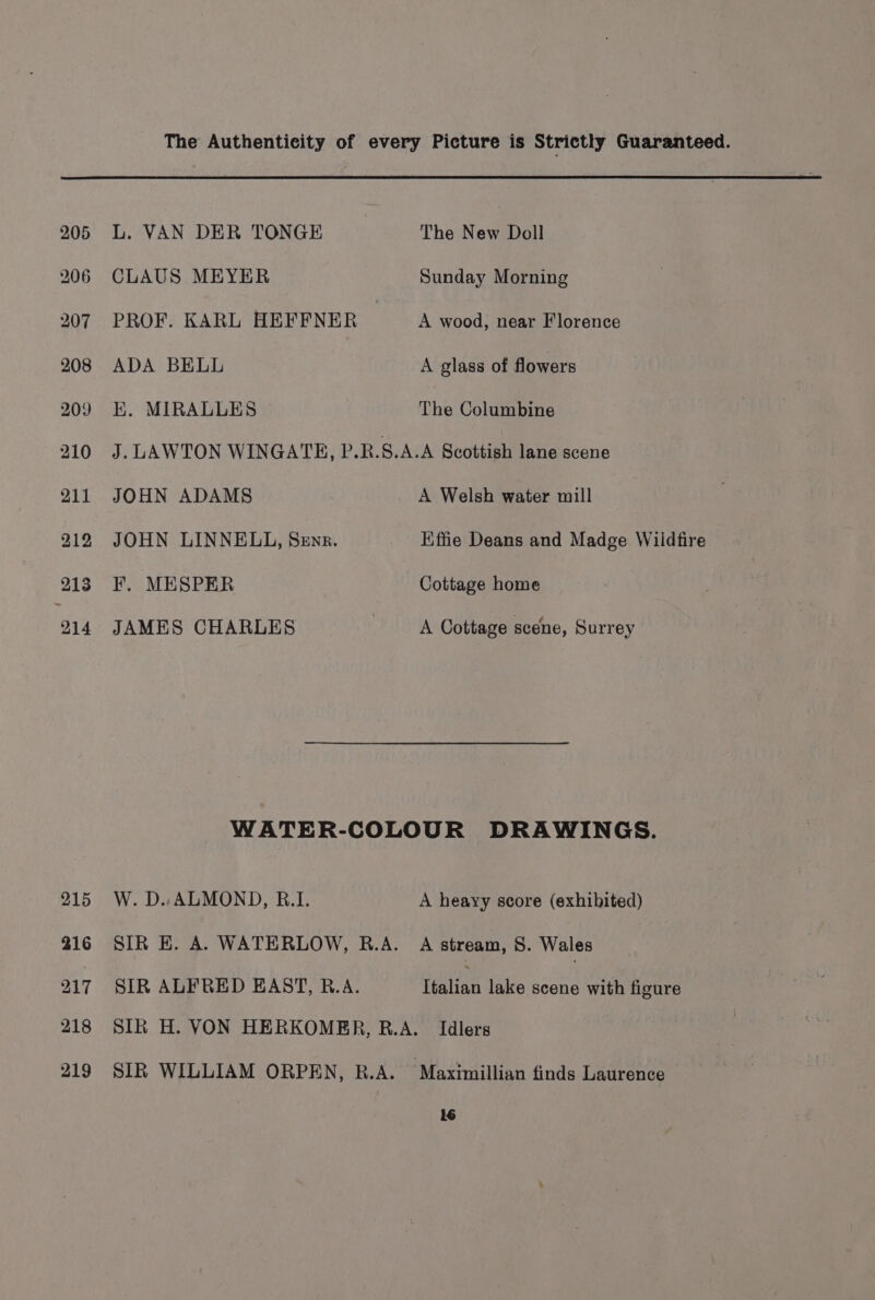 215 216 217 218 219 L. VAN DER TONGE The New Doll CLAUS MEYER Sunday Morning PROF. KARL HEFFNER : A wood, near Florence ADA BELL A glass of flowers EK. MIRALLES The Columbine J. LAWTON WINGATE, P.R.S.A.A Scottish lane scene JOHN ADAMS A Welsh water mill JOHN LINNELL, Senr. Iiffie Deans and Madge Wildfire FE. MESPER Cottage home JAMES CHARLES A Cottage scene, Surrey WATER-COLOUR DRAWINGS. W. D..ALMOND, R.I. A heayy score (exhibited) SIR HE. A. WATERLOW, R.A. A stream, S. Wales | SIR ALFRED EAST, R.A. ain lake scene with figure SIR H. VON HERKOMER, B.A. Idlers SIR WILLIAM ORPEN, B.A. Maximillian finds Laurence