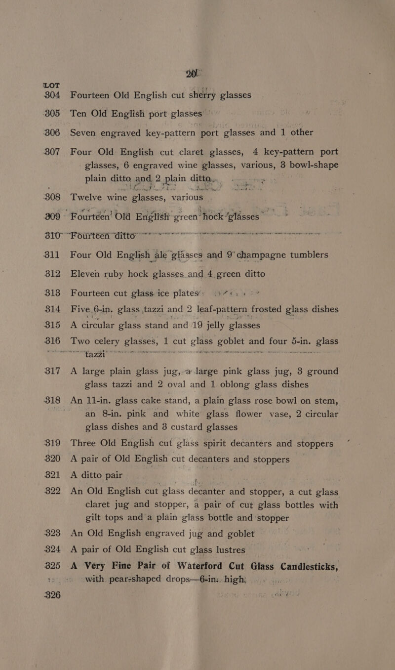 304 305 306 307 308 309 310 311 312 313 314 315 317 200 Fourteen Old English cut sherry glasses Ten Old English port piasseg : Seven engraved key-pattern port glasses and 1 other Four Old English cut claret glasses, 4 key-pattern port glasses, 6 engraved wine glasses, various, 3 bowl-shape plain ditto ond. 2 ppiin dite | hia oes or Twelve wine ee ieccs, various Four Old English ale glasses and 9'champagne tumblers Eleven ruby hock glasses.and 4. green ditto Fourteen cut glass ice plates: (i¢«1 + 3% Five 6-1n. glass, tazzi and 2 a pee frosted glass dishes A Greulas glass stand and 19 jelly ‘glasses Two celery 3) wage 1 cut t goblet « and four 5-in. ieee ee er Willen “fe ttn MOP dts Wy me LAZAL tea A large plain glass jug, a large pink glass jug, 3 ground glass tazzi and 2 oval and 1. oblong glass dishes An 11-in. glass cake stand, a plain glass rose bowl on stem, an 8-in. pink and white glass flower vase, 2 circular glass dishes and 3 custard glasses Three Old English cut glass spirit decanters and stoppers A pair of Old English cut decanters and stoppers A ditto pair | An Old English cut glass decanter and stopper, a cut glass claret jug and stopper, a pair of cut glass bottles with gilt tops anda plain glass bottle and ‘stopper An Old English engraved jug and goblet A pair of Old English cut glass lustres A Very Fine Pair of Waterford Cut Glass Candlesticks, with pear-shaped ae high;