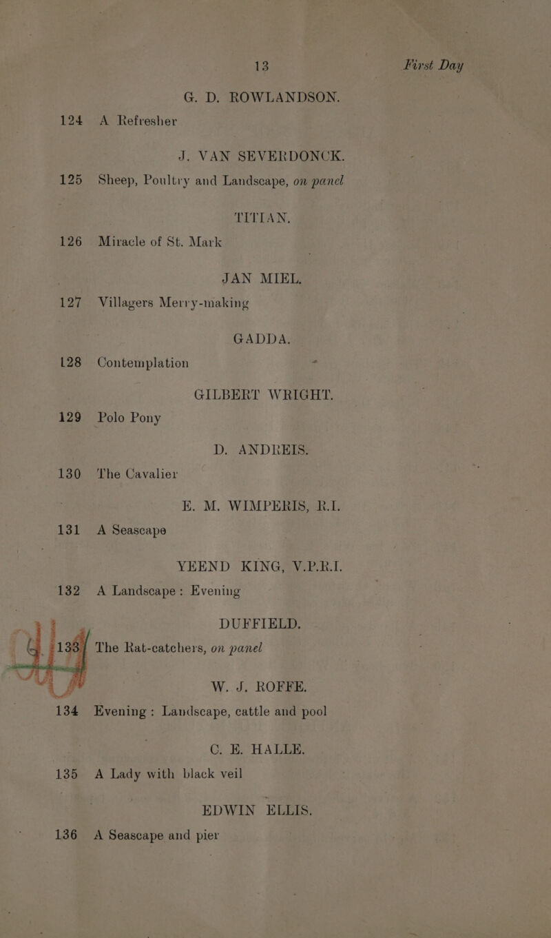 G. D. ROWLANDSON. 124 A Refresher J. VAN SEVERDONCK. 125 Sheep, Poultry and Landscape, on panel | TITIAN, 126 Miracle of St. Mark JAN MIEL. 127 Villagers Merry-making GADDA. L28 Contemplation : GILBERT WRIGHT. 129 Polo Pony D. ANDRKIS. 130 ‘The Cavalier K. M. WIMPERIS, R.L. 131 A Seascape YEEND KING, V.P.R.1. 132 A Landscape: Evening DUFFIELD. 33 | The Rat-catchers, on panel W. J. ROFFE. 134 Evening: Landscape, cattle and pool C. HE. HALLE. 135 A Lady with black veil EDWIN ELLIS. 136 A Seascape and pier