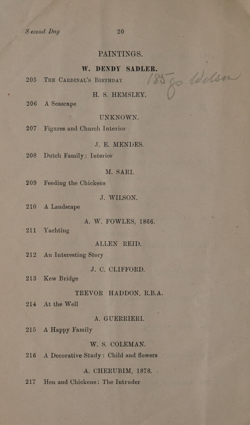 PAINTINGS. W. DENDY SADLER. 205 THE CARDINAL’S BIRTHDAY m, PF ‘Ns H. 8S. HEMSLEY. 206 &lt;A Seascape UNKNOWN. 207 Figures and Church Interior J. E. MENDES. 208 Dutch Family: Interior M. SARI. 209 Feeding the Chickens J. WILSON. 210 A Landscape A. W. FOWLES, 1866. 211 Yachting ALLEN REID. 212 An Interesting Story J. C. CLIFFORD. 213 Kew Bridge TREVOR HADDON, R.B.A. 214 At the Well A. GUERRIERI. 215 &lt;A Happy Family W. S. COLEMAN. 216 A Decorative Study: Child and flowers A. CHERUBIM, 1878. . 217 Hen and Chickens: The Intruder