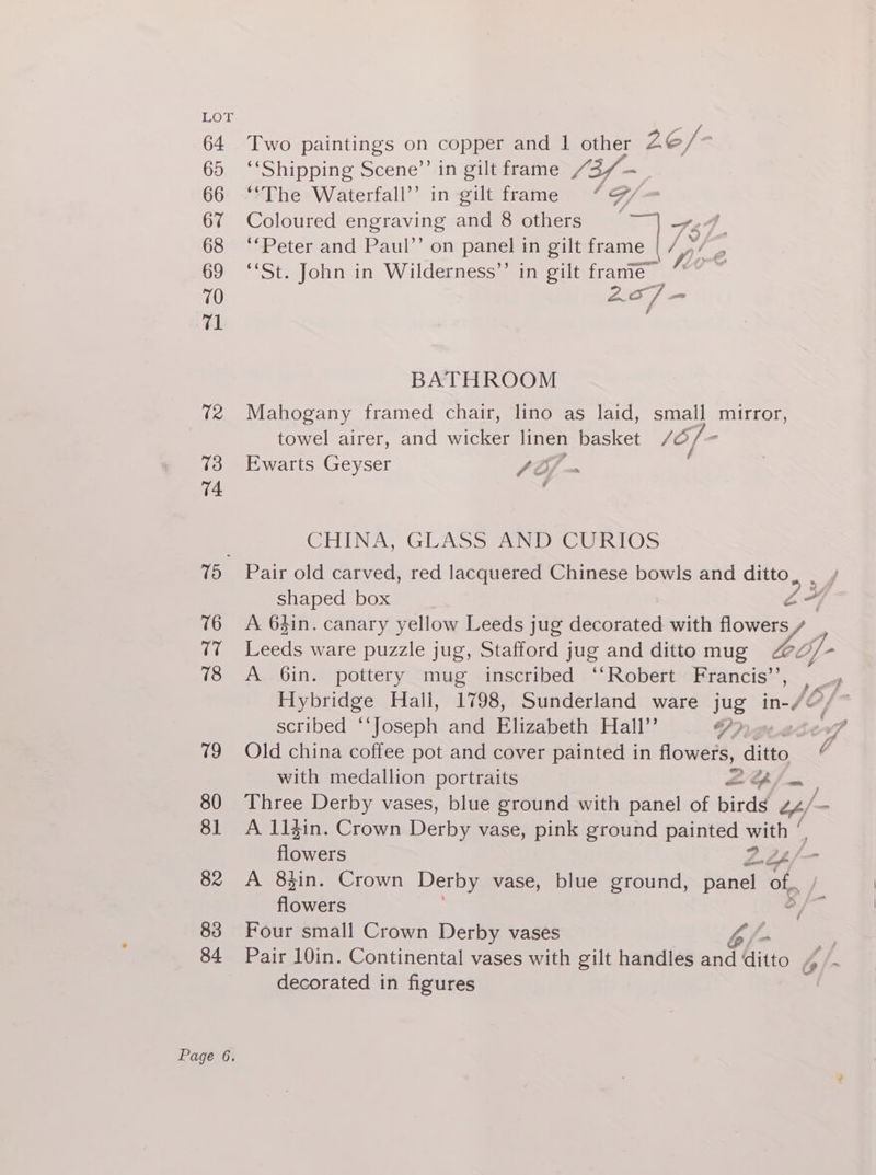 64 Two paintings on copper and 1 other 26/ 65 ‘‘Shipping Scene’’ in gilt frame f3f - 66 “*The Waterfall’’ in gilt frame * GY 67 Coloured engraving and 8 others — ee 68 ‘‘Peter and Paul’’ on panel in gilt frame [x 69 ‘St. John in Wilderness” in gilt frame— 70 2c7/ ee BATHROOM 7 Mahogany framed chair, lino as laid, small mirror, towel airer, and si linen basket /6f- 73 Ewarts Geyser fo -— GHINDA, GLASS aN Oe S 75 Pair old carved, red lacquered Chinese bowls and ditto, | / shaped box Z 2 7 A 64in. canary yellow Leeds jug decorated with flowers s | 77 Leeds ware puzzle jug, Stafford jug and ditto mug ba /- 78 A Gin. pottery mug inscribed ‘‘Robert Francis’’, et Ely Pudge Hall, 1798, Sunderland ware jug in-/&amp;/~ scribed ‘ ‘Joseph and Blizabeth Hall” >) a, 79 Old china coffee pot and cover painted in flowers, ditto ¢ with medallion portraits ao / 80 Three Derby vases, blue ground with panel of birds “/ 81 A 1l1gin. Crown Derby vase, pink ground painted with | flowers L24/- 82 A 8sin. Crown Derby vase, blue ground, panel of Aswars 7S. 83 Four small Crown Derby vases hi Gy 84 Pair 10in. Continental vases with gilt handles and ditto /- decorated in figures