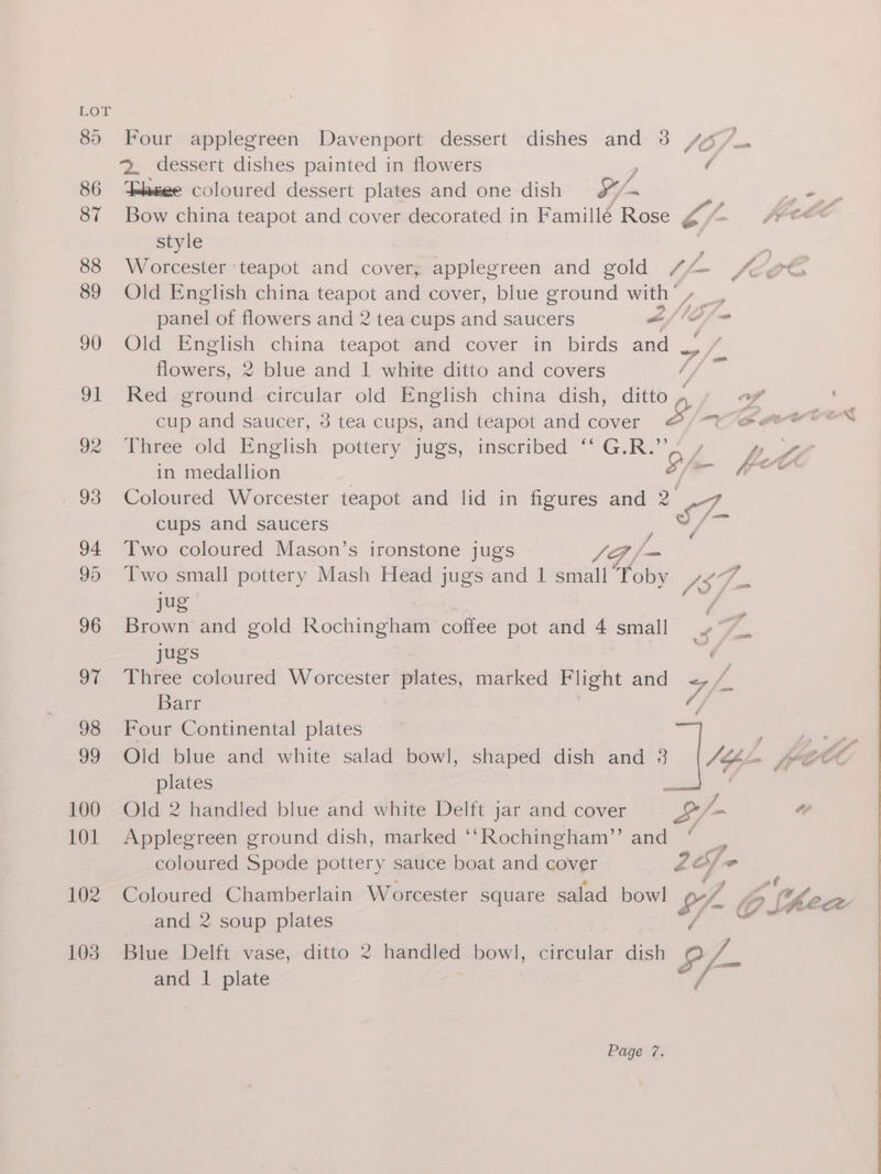 100 101 102 108 Four applegreen Davenport dessert dishes and 38 4 2. dessert dishes painted in flowers , ( Eheee coloured dessert plates and one dish Ss Bow china teapot and cover decorated in Famille Rose g style ; Worcester ‘teapot and cover; applegreen and gold //— Old English china teapot and cover, blue ground with panel of flowers and 2 tea cups and saucers a fis fm Old English china teapot and cover in birds and | Reshens, 2 blue and 1 white ditto and covers /) / Red ground circular old English china dish, ditto Q ~ Three old English pottery jes, inscribed “-G.R:” in medallion fo ia Coloured Worcester teapot and lid in figures and 2 57. cups and saucers eae Two coloured Mason’s ironstone jugs SG f- Two small pottery Mash Head jugs and 1 small “Toby 1S; jug Brown and gold Rochingham coffee pot and 4 small jugs a Three coloured Worcester plates, marked Flight and <, /, Barr -s Pa > ts Four Continental plates plates ” Old 2 handled blue and white Delft jar and cover S- Applegreen ground dish, marked ‘‘Rochingham”’ and ‘ | coloured Spode pottery sauce boat and cover Zo ad Coloured Chamberlain Worcester square salad bowl gh. and 2 soup plates / Blue Delft vase, ditto 2 handled bowl, circular dish f/ ‘2 and 1 plate Page 7. Sf. » ]