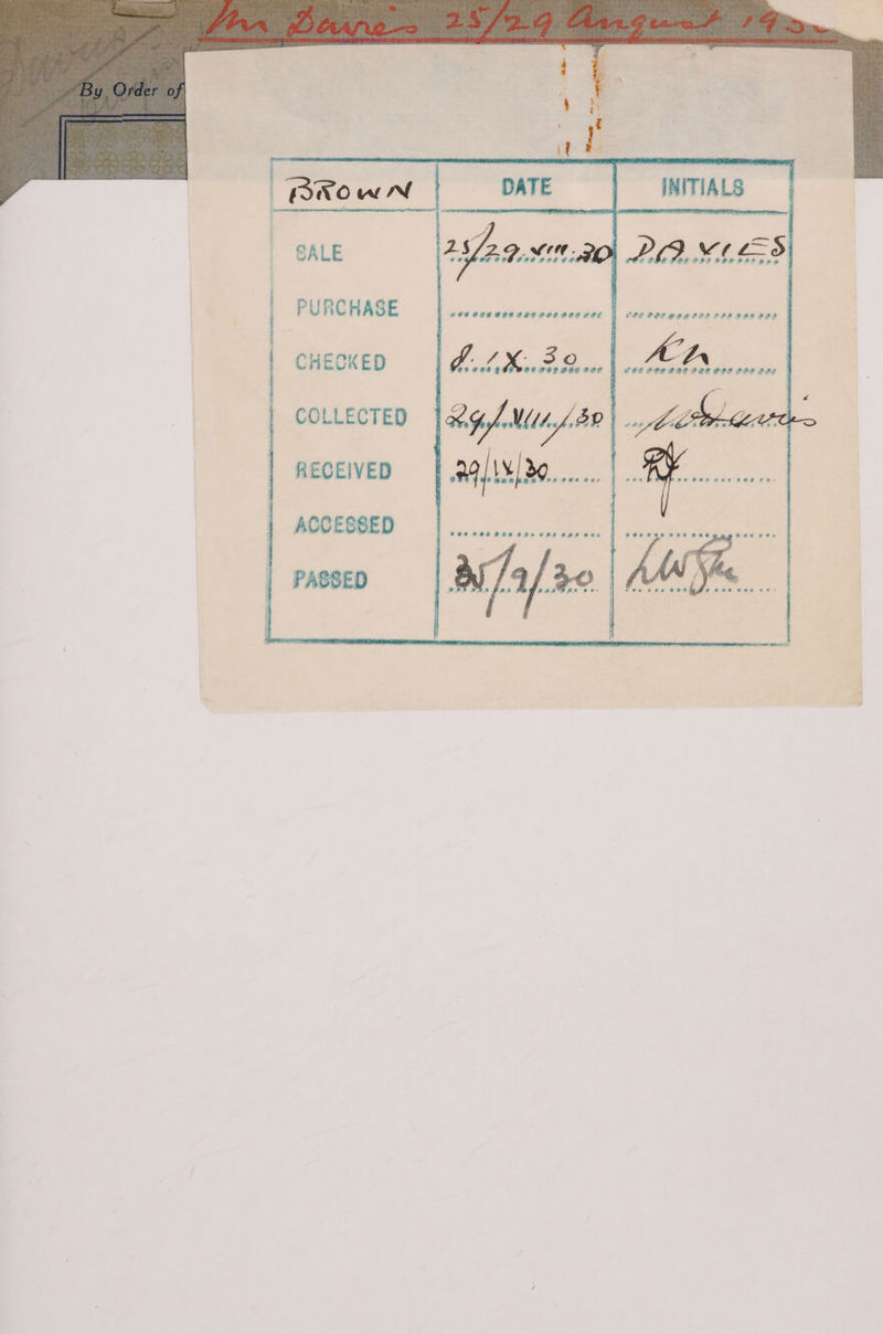 RWOowN INITIALS PURCHASE ers seesvsessvesaedvsde ee Le 2 ee ee CHECKED BLK FQ vue ee COLLECTED |atGlWUA8P ee as RECEIVED FALL /30...... Re ACCESSED PASSED av/a/z0 | fM |