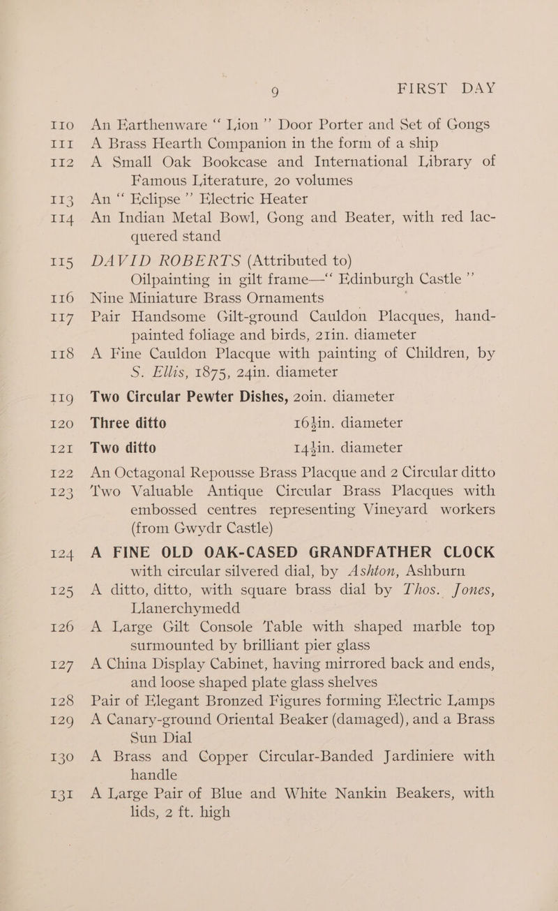 9 HERST. DAY An Earthenware “ Lion’’ Door Porter and Set of Gongs A Brass Hearth Companion in the form of a ship A Small Oak Bookcase and International Library of Famous Literature, 20 volumes am “ Helipee:” Hlectric Heater An Indian Metal Bowl, Gong and Beater, with red lac- quered stand DAVID-ROBERTS (Attributed to) Oilpainting in gilt frame—‘‘ Edinburgh Castle ” Nine Miniature Brass Ornaments | | Pair Handsome Gilt-ground Cauldon Placques, hand- painted foliage and birds, 21in. diameter A Fine Cauldon Placque with painting of Children, by S. Eilts, 1875, 24in. diameter Two Circular Pewter Dishes, 20in. diameter Three ditto r6din. diameter Two ditto 144in. diameter An Octagonal Repousse Brass Placque and 2 Circular ditto Two Valuable Antique Circular Brass Placques with embossed centres representing Vineyard workers (from Gwydr Castle) | A FINE OLD OAK-CASED GRANDFATHER CLOCK with circular silvered dial, by Ashton, Ashburn A ditto, ditto, with square brass dial by TLhos. Jones, Lianerchymedd A Large Gilt Console Table with shaped marble top surmounted by brilliant pier glass A China Display Cabinet, having mirrored back and ends, and loose shaped plate glass shelves Pair of Elegant Bronzed Figures forming Electric Lamps A Canary-ground Oriental Beaker (damaged), and a Brass Sun Dial A Brass and Copper Circular-Banded Jardiniere with handle A Large Pair of Blue and White Nankin Beakers, with lids, 2. ttaiueh