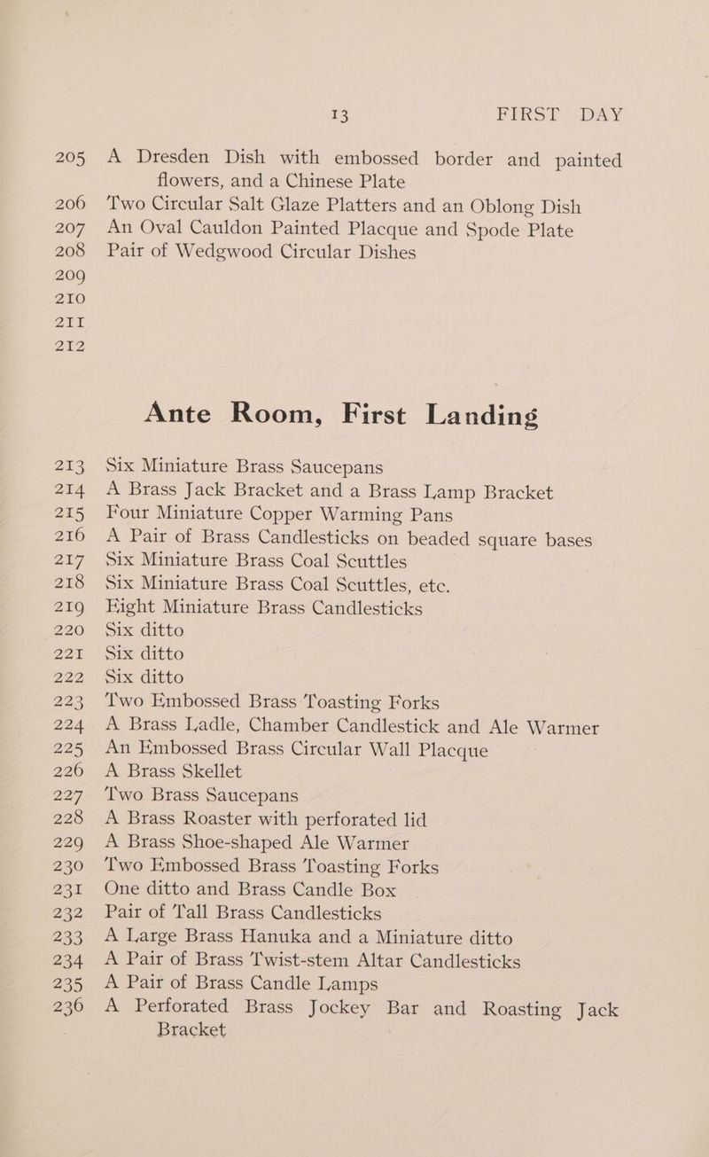 205 206 207 208 209 210 Our 212 2% 214 215 216 217 ZO 219 220 227 227 223 224 225 2260 227 228 229 230 231 222 233 234 235 230 13 FIRST DAY A Dresden Dish with embossed border and painted flowers, and a Chinese Plate Two Circular Salt Glaze Platters and an Oblong Dish An Oval Cauldon Painted Placque and Spode Plate Pair of Wedgwood Circular Dishes Ante Room, First Landing Six Miniature Brass Saucepans A Brass Jack Bracket and a Brass Lamp Bracket Four Miniature Copper Warming Pans A Pair of Brass Candlesticks on beaded square bases Six Miniature Brass Coal Scuttles Six Miniature Brass Coal Scuttles, etc. Hight Miniature Brass Candlesticks Six ditto Six ditto Six ditto Two Embossed Brass Toasting Forks A Brass Ladle, Chamber Candlestick and Ale Warmer An Embossed Brass Circular Wall Placque A Brass Skellet Two Brass Saucepans A Brass Roaster with perforated lid A Brass Shoe-shaped Ale Warmer Two Embossed Brass Toasting Forks One ditto and Brass Candle Box Pair of Tall Brass Candlesticks A Large Brass Hanuka and a Miniature ditto A Pair of Brass T'wist-stem Altar Candlesticks A Pair of Brass Candle Lamps A Perforated Brass Jockey Bar and Roasting Jack Bracket |