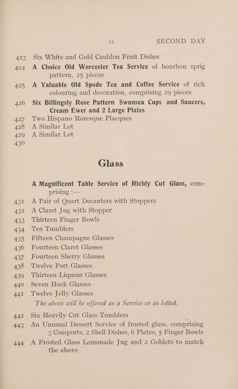 423 424 425 426 427 428 429 430 431 aoe 433 434 435 436 437 438 439 440 441 442 443 444 ot SECOND DAY Six White and Gold Cauldon Fruit Dishes A Choice Old Worcester Tea Service of bourbon sprig pattern, 25 pieces A Valuable Old Spode Tea and Coffee Service of rich colouring and decoration, comprising 29 pieces Six Billingsly Rose Pattern Swansea Cups and Saucers, Cream Ewer and 2 Large Plates Two Hispano Moresque Placques A Similar Lot A Similar Lot Glass A Magnificent Table Service of Richly Cut Glass, com- prising :— A Pair of Quart Decanters with Stoppers A Claret Jug with Stopper Thirteen Finger Bowls Ten Tumblers Fifteen Champagne Glasses Fourteen Claret Glasses Fourteen Sherry Glasses Twelve Port Glasses Thirteen Liqueur Glasses Seven Hock Glasses Twelve Jelly Glasses The above will be offered as a Service or as lotted. Six Heavily Cut Glass Tumblers } An Unusual Dessert Service of frosted glass, comprising 3 Comports, 2 Shell Dishes, 6 Plates, 5 Finger Bowls A Frosted Glass Lemonade Jug and 2 Goblets to match the above