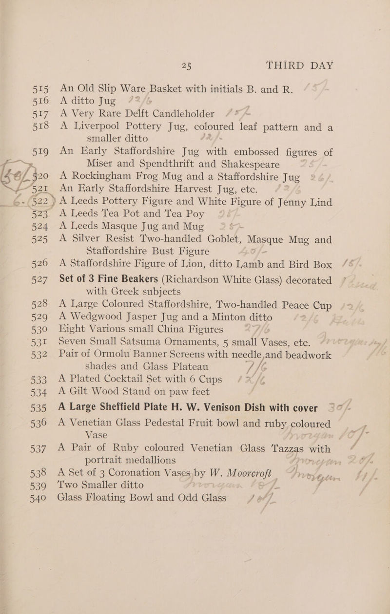 An Old Slip Ware Basket with initials B. and R. A ditto Jug 72/6 A Very Rare Delft Candleholder A I,verpool Pottery Jug, coloured leaf pattern and a smaller ditto An Karly Staffordshire Jug with embossed figures of Miser and Spendthrift and Shakespeare A Rockingham Frog Mug and a Staffordshire ie An Farly Staffordshire Harvest Jug, etc. A Leeds Tea Pot and Tea Poy A Leeds Masque Jug and Mug 23S A Silver Resist ‘T'wo-handled Gane ae Mug and Staffordshire Bust Figure A Staffordshire Figure of Lion, ditto hae and Bird Box Set of 3 Fine Beakers (Richardson White Glass) decorated with Greek subjects A Large Coloured Staffordshire, T'wo-handled Peace Cup A Wedgwood Jasper Jug and a Minton ditto Hight Various small China Figures Seven Small Satsuma Ornaments, 5 small Vases, etc. Pair of Ormolu Banner Screens with needle, and heanom shades and Glass Plateau SSG A Plated Cocktail Set with 6 Cups A Gilt Wood Stand on paw feet A Large Sheffield Plate H. W. Venison Dish with cover A Venetian Glass Pedestal Fruit bowl and ruby coloured Vase | A Pair of Ruby coloured Venetian Glass Biro m is portrait medallions fir, A Set of 3 Coronation Vases by W.M mee I VVTY A, Lhe Two Smaller ditto # ff Glass Floating Bowl and Odd Glass J 6?)