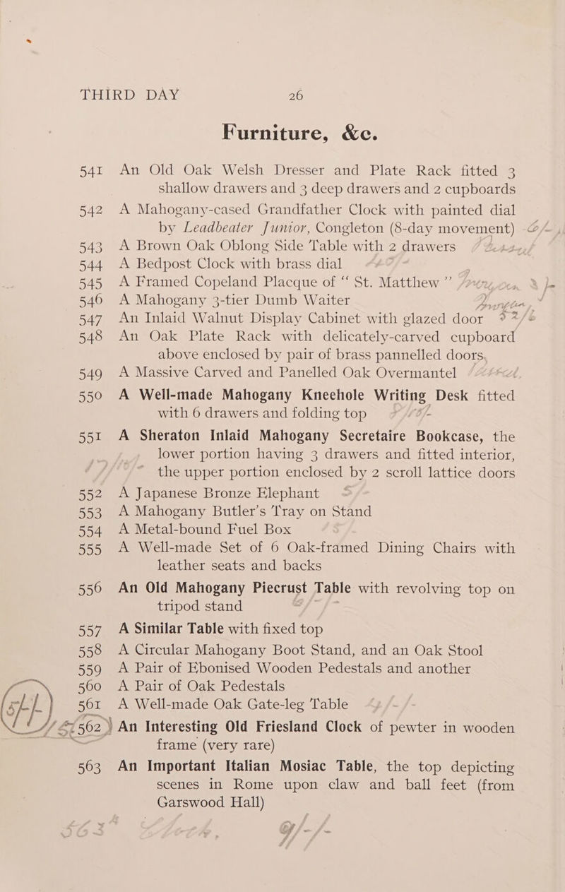 541 542 543 544 545 546 547 548 949 250 551 552 Furniture, &amp;c. An Old Oak Welsh Dresser and Plate Rack fitted 3 shallow drawers and 3 deep drawers and 2 cupboards A Mahogany-cased Grandfather Clock with painted dial by Leadbeater Junior, Congleton (8-day movement) A Brown Oak Oblong Side Table with 2 drawers 7 , A Bedpost Clock with brass dial A Framed Copeland Placque of “‘ St. Matthew ”’ A Mahogany 3-tier Dumb Waiter above enclosed by pair of brass pannelled doors A Massive Carved and Panelled Oak Overmantel A Well-made Mahogany Kneehole Writing Desk fitted with 6 drawers and folding top Y Mtb /~ A Sheraton Inlaid Mahogany Secretaire Bookcase, the lower portion having 3 drawers and fitted interior, the upper portion enclosed by 2 scroll lattice doors A Japanese Bronze Elephant A Mahogany Butler’s Tray on Stand A Metal-bound Fuel Box A Well-made Set of 6 Oak-framed Dining Chairs with leather seats and backs An Old Mahogany Piecrust Table with revolving top on tripod stand . A Similar Table with fixed top A Circular Mahogany Boot Stand, and an Oak Stool A Pair of Ebonised Wooden Pedestals and another A Pair of Oak Pedestals A Well-made Oak Gate-leg Table frame (very rare) An Important Italian Mosiac Table, the top depicting scenes in Rome upon claw and ball feet (from Garswood Hall)