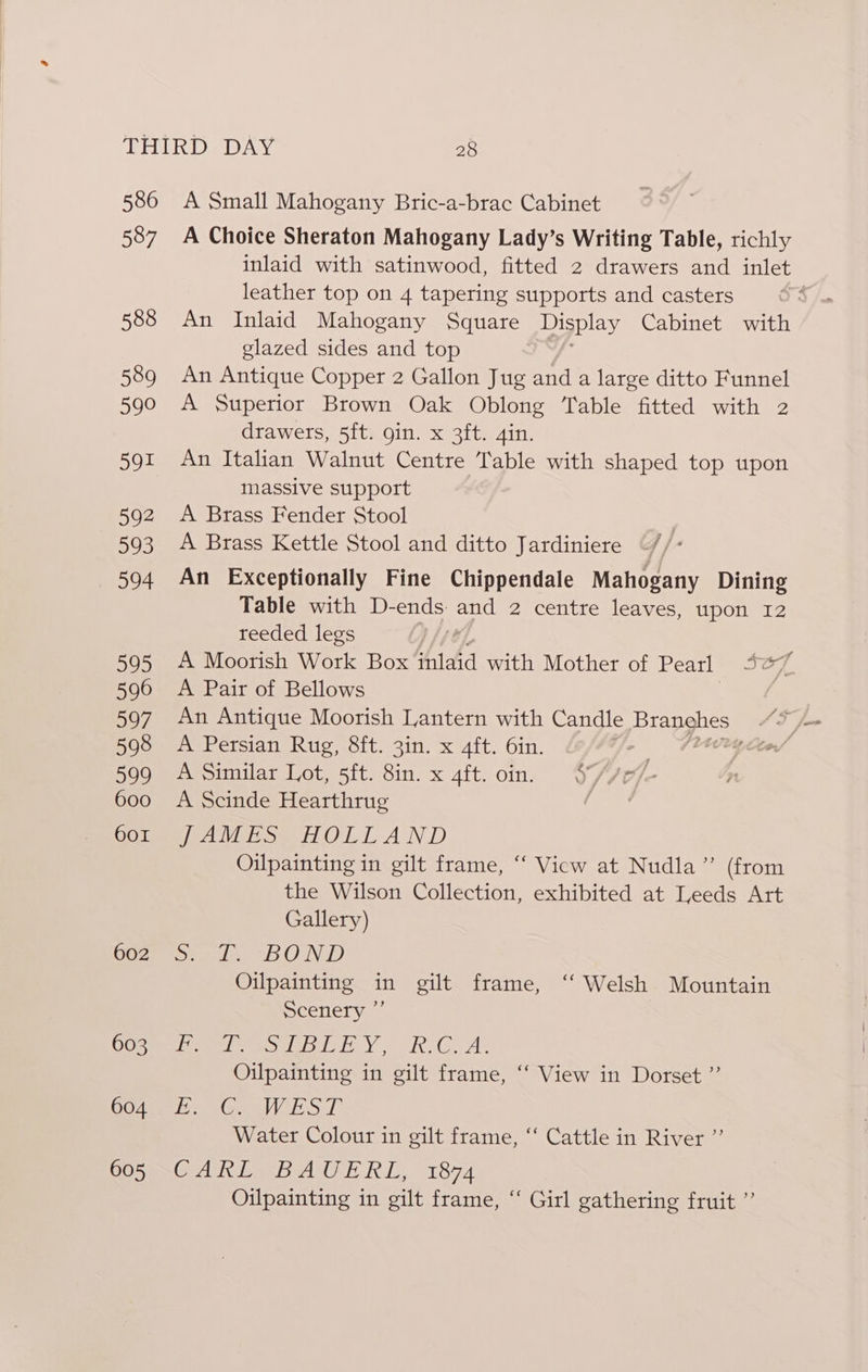 586 587 588 589 590 S91 592 993 594 595 596 597 598 599 600 601 602 603 604 605 A Small Mahogany Bric-a-brac Cabinet A Choice Sheraton Mahogany Lady’s Writing Table, richly inlaid with satinwood, fitted 2 drawers and inlet leather top on 4 tapering supports and casters An Inlaid Mahogany Square Display Cabinet with glazed sides and top An Antique Copper 2 Gallon Jug and a large ditto Funnel A Superior Brown Oak Oblong Table fitted with 2 drawers, 5ft. gin. x 3ft. 4in. An Italian Walnut Centre Table with shaped top upon massive support A Brass Fender Stool A Brass Kettle Stool and ditto Jardiniere An Exceptionally Fine Chippendale Mahogany Dining Table with D-ends and 2 centre leaves, upon 12 reeded legs , A Moorish Work Box inlaid with Mother of Pearl seo7. A Pair of Bellows An Antique Moorish Lantern with Candle pr apehes A Persian Rug, 8ft. 3in. x 4ft. 6in. ae A Similar Lot, 5ft. 8in. x 4ft. oin. §//e7/- A Scinde Hearthrug seth PAVE Se TOLL AND Oilpainting in gilt frame, “ View at Nudla” (from the Wilson Collection, exhibited at Leeds Art Gallery) Salt BOND Oilpainting in gilt frame, ‘‘ Welsh Mountain Scenery ”’ jeg oie: Ye RGA Oilpainting in gilt frame, “‘ View in Dorset ”’ 7th CS ESSE bp Water Colour in gilt frame, ‘‘ Cattle in River ”’ CAR ERB RL. 1874 Oilpainting in gilt frame, ‘“‘ Girl gathering fruit ”’