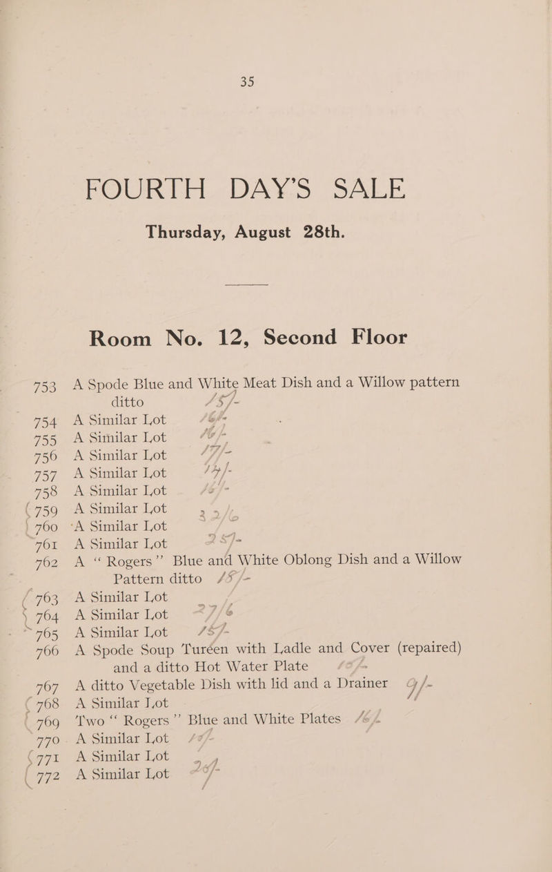 ae 35 FOURLEL«DAY.5 SALE Thursday, August 28th. A Spode Blue and White Meat Dish and a Willow pattern ditto AnG, 7. A Similar Lot SY f- A Similar Lot / 77} A Similar Lot A ‘“ Rogers” Blue ant White Oblong Dish and a Willow Pattern ditto /F/- A Similar Lot A Similar Lot A Similar Lot /$7 A Spode Soup Turéen with Ladle and Cover (repaired) and a ditto Hot Water Plate A ditto Vegetable Dish with lid and a Drainer y/ /- A Similar I,ot ( ‘Two ‘‘ Rogers’ Blue and White Plates A-Similar Lot A Sromlar Lot 3-—, A Similar Lot ~7