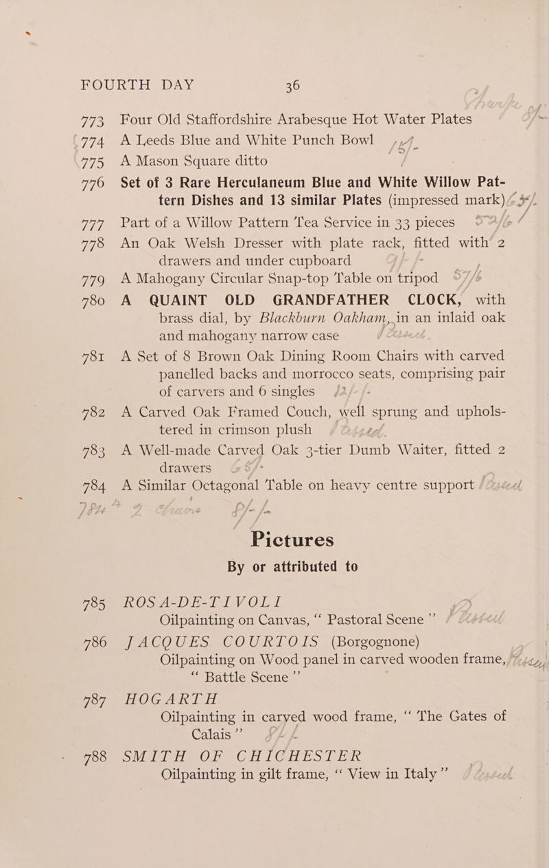 773 Four Old Staffordshire Arabesque Hot Water Plates . 774 ATeeds Blue and White Punch Bowl = ,,7, 4775 A Mason Square ditto a 776 Set of 3 Rare Herculaneum Blue and White Willow Pat- tern Dishes and 13 similar Plates (impressed mark) 3*/. 7477 Part of a Willow Pattern Tea Service in 33 pieces v0 778 An Oak Welsh Dresser with plate rack, fitted with’ 2 drawers and under cupboard 779 A Mahogany Circular Snap-top Table on ei 780 A QUAINT OLD GRANDFATHER CLOCK, with brass dial, by Blackburn Oakham, in an inlaid oak and mahogany narrow case . 781 A Set of 8 Brown Oak Dining Room Chairs with carved panelled backs and morrocco seats, comprising pair of carvers and 6 singles 782 A Carved Oak Framed Couch, well eee and uphols- tered in crimson plush 783 A Well-made Soy Oak 3-tier Dumb Waiter, fitted 2 drawers 784 <A Similar Octagonal Table on heavy centre support (ue Pictures By or attributed to 785 ROS A-DE-TIVOLI Oilpainting on Canvas, ‘‘ Pastoral Scene ”’ 780 {| ACOUES COURTOIS (Borgognone) | Oilpainting on Wood panel in carved wooden frame, 7 ¢z,, mabatwe scenes G7 OG Ak TH. Oilpainting in caryed wood frame, “ The Gates of Calais « oom) aie eO Tam C ii) Ci Sa) bik Oilpainting in gilt frame, ‘‘ View in Italy ”