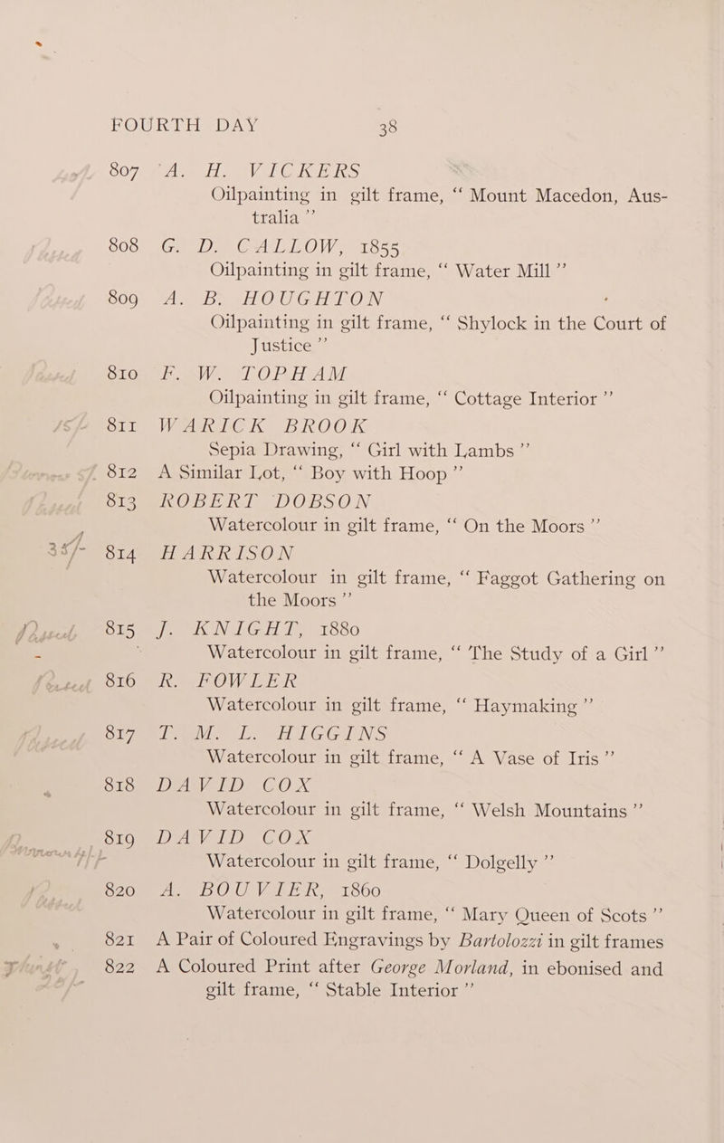807 808 809 8Io Sir 813 814 816 eey, 818 820 S21 822 vals ele “(GION IETS: Oilpainting in gilt frame, ‘‘ Mount Macedon, Aus- tralia ”’ Ga IDE, MO EID ON bes Oilpainting in gilt frame, ‘‘ Water Mill ”’ eieg 1 RORCHEN SEIN Oilpainting in gilt frame, “ Shylock in the Court of Justice ”’ Deseo O PH AVE Oilpainting in gilt frame, ‘‘ Cottage Interior ”’ Veh Kk Sb OOK Sepia Drawing, “ Girl with Lambs ”’ A Similar Lot, ‘‘ Boy with Hoop ”’ Peo Lil 1) Os 5.0 N Watercolour in gilt frame, ‘‘ On the Moors ”’ eh LS OWN) Watercolour in gilt frame, “ Faggot Gathering on the Moors ”’ i ERIN TOs ESE Ta derers Watercolour in gilt frame, ‘‘ The Study of a Girl ”’ ecole Watercolour in gilt frame, ‘‘ Haymaking ”’ eeVie Le eH hGG TNs Watercolour in gilt frame, ‘“‘ A Vase of Iris ”’ DP inei Ds COX Watercolour in gilt frame, ‘“‘ Welsh Mountains ” IBD ARSE IBS OCOD Watercolour in gilt frame, “ Dolgelly Heeb OU Vikik 1860 Watercolour in gilt frame, “‘ Mary Queen of Scots ” A Pair of Coloured Engravings by Bartolozzi in gilt frames A Coloured Print after George Morland, in ebonised and gilt frame, “‘ Stable Interior ”’ >)