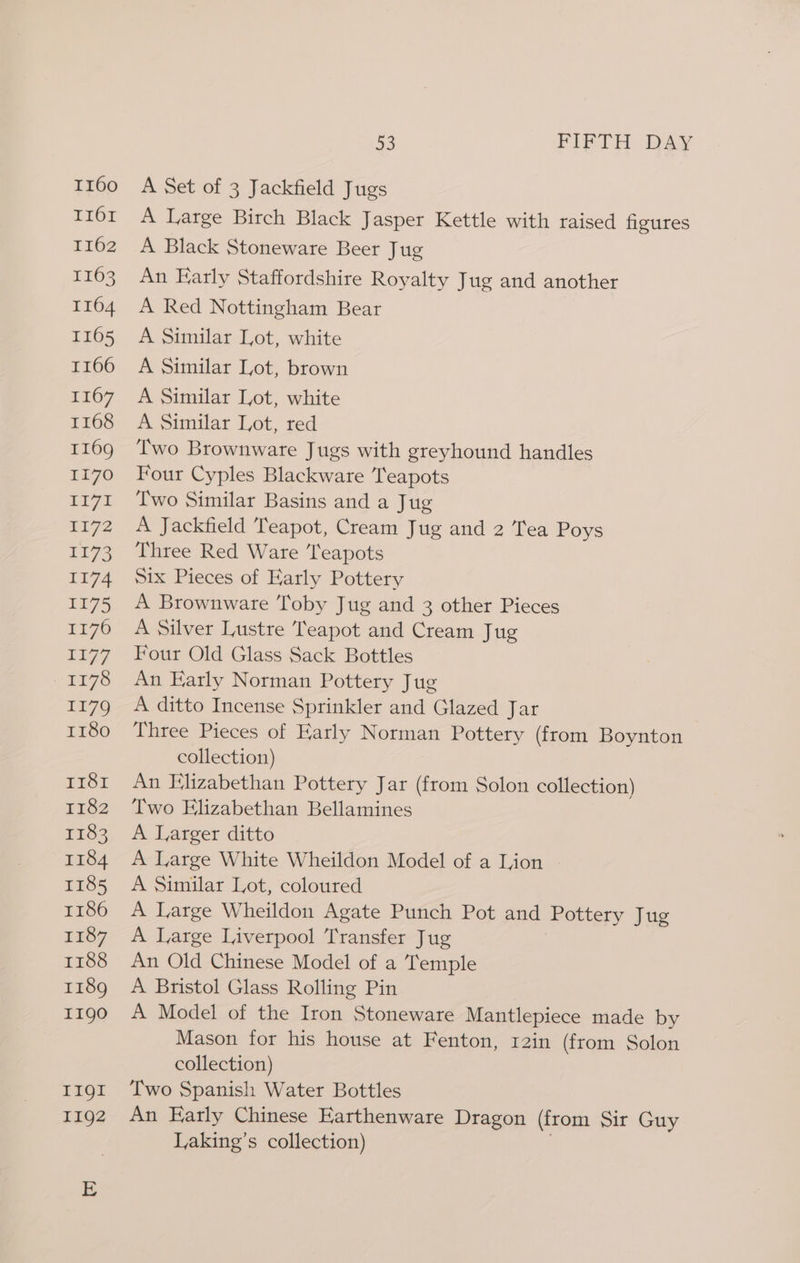 A Set of 3 Jackfield Jugs A Large Birch Black Jasper Kettle with raised figures A Black Stoneware Beer Jug An Early Staffordshire Royalty Jug and another A Red Nottingham Bear A Similar Lot, white A Similar Lot, brown A Similar Lot, white A Similar Lot, red Two Brownware Jugs with greyhound handles Four Cyples Blackware Teapots Two Similar Basins and a Jug A Jackfield Teapot, Cream Jug and 2 Tea Poys Three Red Ware ‘Teapots Six Pieces of Early Pottery A Brownwate Toby Jug and 3 other Pieces A Silver Lustre Teapot and Cream Jug Four Old Glass Sack Bottles An Early Norman Pottery Jug A ditto Incense Sprinkler and Glazed Jar Three Pieces of Early Norman Pottery (from Boynton collection) An Elizabethan Pottery Jar (from Solon collection) Two Elizabethan Bellamines A Larger ditto A Large White Wheildon Model of a Lion | A Similar Lot, coloured A Large Wheildon Agate Punch Pot and Pottery Jug A Large Liverpool Transfer Jug An Old Chinese Model of a Temple A Bristol Glass Rolling Pin A Model of the Iron Stoneware Mantlepiece made by Mason for his house at Fenton, 12in (from Solon collection) Two Spanish Water Bottles An Early Chinese Earthenware Dragon (from Sir Guy Iaking’s collection) |