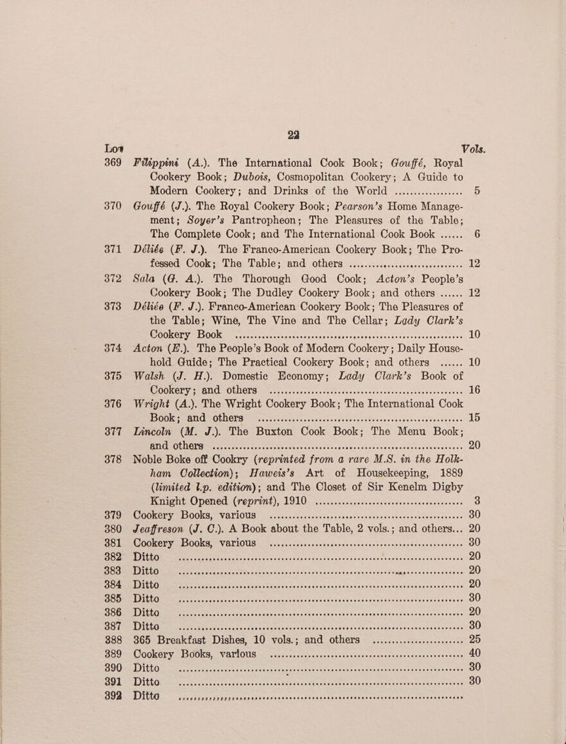 369 370 392 22 Filippine (A.). The International Cook Book; Gouffé, Royal Cookery Book; Dubois, Cosmopolitan Cookery; A Guide to Modern Cookery; and Drinks of the World .................. 5 Gouffé (J.). The Royal Cookery Book; Pearson’s Home Manage- ment; Soyer’s Pantropheon; The Pleasures of the Table; The Complete Cook; and The International Cook Book ...... 6 Déliée (F. J.). The Franco-American Cookery Book; The Pro- fessed Cook; The Table; and others .............cccecccseeseccees 2 Sala (G. A.). The Thorough Good Cook; Acton’s People’s Cookery Book; The Dudley Cookery Book; and others ...... a2 Déliéo (F. J.). Franco-American Cookery Book; The Pleasures of the Table; Wine, The Vine and The Cellar; Lady Clark’s RN eo ee atin ipa ve avs ki gand Onc tunis? elas bin seade daw 10 Acton (E.). The People’s Book of Modern Cookery; Daily House- hold. Guide; The Practical Cookery Book; and others ...... 10 Walsh (J. H.). Domestic Economy; Lady Clark’s Book of Seer ec os ots eee cates cabndgcnusewanes 16 Wright (A.). The Wright Cookery Book; The International Cook Ory a Ue ba ti fer: 2k cane ee a pete ai eae a ce ee 15 Lincoln (M. J.). The Buxton Cook Book; The Menu Book; a Seah we has dns Seen amen evin sank vce 20 Noble Boke off Cookry (reprinted from a rare M.S. in the Holk- ham Oollection); Haweis’s Art of Housekeeping, 1889 (linuted Lp. edition); and The Closet of Sir Kenelm Digby Brent Opened: (repritit), 1910 rs cece scccssescsccsesessnsceresseccses 3 BE IS oa ya ia hae ahd Leap chs chided deals Séakadbecessus 30 Jeaffreson (J. C.). A Book about the Table, 2 vols.; and others... 20 BE NOC A VR TIOUIB ge. cs sana bocsi beons Wed aies heen anapsdsiens Lares vais 30 Breas aoe) hs sds Svkd th aecckdac aa akoes cle 20 Rg a ag vc) oy UNA Sicha bs A Hass Wee datas tals UE a Se REO 20 Dea eae dts SiG aN wg Unk Raman La Caen Gada sy vateine Kan imowand wn ess 20 bE ASSES SSS PER OEE SY TOR eG NE ESTE Renney Te 30 ee cay oes 5c Mas Wide ee nha ce ka av UNa poe onan © 20 DFE eR a ea es ees Pes GaAs ba wily 9 cas AEDT Re haeed eens Nai 30 365 Breakfast Dishes, 10 vols.; and others ...........cc cece eee e ee 25 ING OE er OE VATIONS fess gree ve souks dace Saclsecdien vee wvdeae neseeat Satsang 40 BS} ET sae tee SSN Rhee PR ate Spiny ce rer ar Cerra 80 SRG esr ey cen aa coh eos co nut eac Phwns ieee cane ghd eed aa Mees ees cee 30