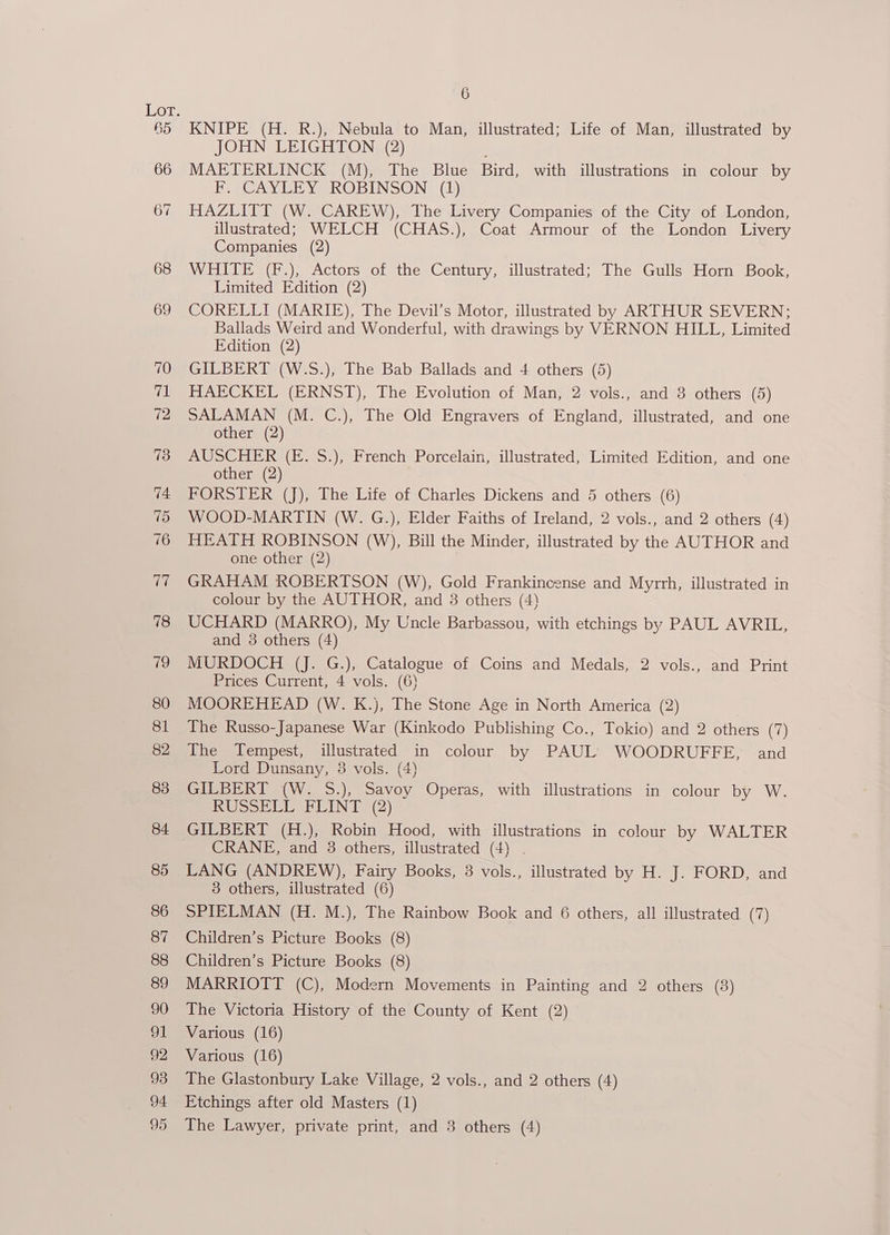 75 87 6 KNIPE (H. R.), Nebula to Man, illustrated; Life of Man, illustrated by JOHN LEIGHTON (2) MAETERLINCK (M), The Blue Bird, with illustrations in colour by EO PCAYLEYsKOBINSON: (1) HAZLITT (W. CAREW), The Livery Companies of the City of London, illustrated; WELCH (CHAS.), Coat Armour of the London Livery Companies (2) WHITE (F.), Actors of the Century, illustrated; The Gulls Horn Book, Limited Edition (2) CORELLI (MARIE), The Devil’s Motor, illustrated by ARTHUR SEVERN; Ballads Weird and Wonderful, with drawings by VERNON HILL, Limited Edition (2) GILBERT (W.S.), The Bab Ballads and 4 others (5) HAECKEL (ERNST), The Evolution of Man, 2 vols., and 3 others (5) SALAMAN (M. C.), The Old Engravers of England, illustrated, and one other (2) AUSCHER (E. S.), French Porcelain, illustrated, Limited Edition, and one other (2) FORSTER (J), The Life of Charles Dickens and 5 others (6) WOOD-MARTIN (W. G.), Elder Faiths of Ireland, 2 vols., and 2 others (4) HEATH ROBINSON (W), Bill the Minder, illustrated by the AUTHOR and one other (2) GRAHAM ROBERTSON (W), Gold Frankincense and Myrrh, illustrated in colour by the AUTHOR, and 38 others (4) UCHARD (MARRO), My Uncle Barbassou, with etchings by PAUL AVRIL, and 3 others (4) MURDOCH (J. G.), Catalogue of Coins and Medals, 2 vols., and Print Prices Current, 4 vols. (6) MOOREHEAD (W. K.), The Stone Age in North America (2) , The Russo-Japanese War (Kinkodo Publishing Co., Tokio) and 2 others (7) The Tempest, illustrated in colour by PAUL WOODRUFFE, and Lord Dunsany, 3 vols. (4) GILBERT (W. S.), Savoy Operas, with illustrations in colour by W. Ne Soe LE PEIN (2) GILBERT (H.), Robin Hood, with illustrations in colour by WALTER CRANE, and 3 others, illustrated (4) . LANG (ANDREW), Fairy Books, 3 vols., illustrated by H. J. FORD, and 3 others, illustrated (6) SPIELMAN (H. M.), The Rainbow Book and 6 others, all illustrated (7) Children’s Picture Books (8) Children’s Picture Books (8) MARRIOTT (C), Modern Movements in Painting and 2 others (3) The Victoria History of the County of Kent (2) Various (16) Various (16) The Glastonbury Lake Village, 2 vols., and 2 others (4) Etchings after old Masters (1)