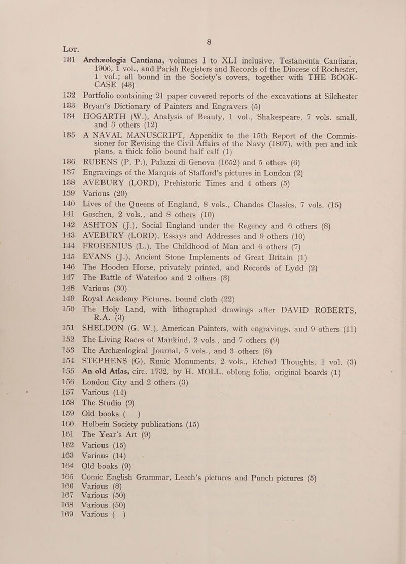 131 Archeologia Cantiana, volumes I to XLI inclusive, Testamenta Cantiana, 1906, 1 vol., and Parish Registers and Records of the Diocese of Rochester, 1 vol.; all bound in the Society’s covers, together with THE BOOK- CASE (48) Portfolio containing 21 paper covered reports of the excavations at Silchester Bryan’s Dictionary of Painters and Engravers (5) HOGARTH (W.), Analysis of Beauty, 1 vol., Shakespeare, 7 vols. small, and 3 others (12) A NAVAL MANUSCRIPT, Appendix to the 15th Report of the Commis- sioner for Revising the Civil Affairs of the Navy (1807), with pen and ink plans, a thick folio bound half calf (1) RUBENS (P. P.), Palazzi di Genova (1652) and 5 others (6) Engravings of the Marquis of Stafford’s pictures in London (2) AVEBURY (LORD), Prehistoric Times and 4 others (5) Various (20) Lives of the Queens of England, 8 vols., Chandos Classics, 7 vols. (15) Goschen, 2 vols., and 8 others (10) ASHTON (J.), Social England under the Regency and 6 others (8) AVEBURY (LORD), Essays and Addresses and 9 others (10) FROBENIUS (L.), The Childhood of Man and 6 others (7) EVANS (J.), Ancient Stone Implements of Great Britain (1) The Hooden Horse, privately printed, and Records of Lydd (2) The Battle of Waterloo and 2 others (3) Various (80) Royal Academy Pictures, bound cloth (22) The Holy Land, with lithographed drawings after DAVID ROBERTS, heAra(e} SHELDON (G. W.), American Painters, with engravings, and 9 others (11) The Living Races of Mankind, 2 vols., and 7 others (9) The Archeological Journal, 5 vols., and 3 others (8) STEPHENS (G), Runic Monuments, 2 vols., Etched Thoughts, 1 vol. (3) An old Atlas, circ. 1782, by H. MOLL, oblong folio, original boards (1) London City and 2 others (3) Various (14) Therstudio. (9) Old books (__) Holbein Society publications (15) ihe sVearicsArt (9) Various (15) Various (14) Old books (9) Comic English Grammar, Leech’s pictures and Punch pictures (5) Various (8) Various (50) Various (50) Various (_ )