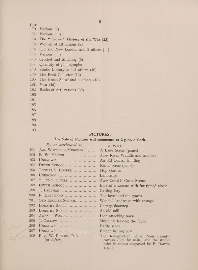 Various (_ ) The ‘* Times ”’ History of the War (22) Women of all nations (2) Old and New London and 8 others (_ ) Various (_ ) Crochet and Stitching (9) Quantity of photographs Studio Library and 2 others (10) The Print Collector (16) The Green Sheaf and 4 others (18) Man (45) Books of Art, various (60) PICTURES. The Sale of Pictures will commence at 2 p.m. o’clock. By or attributed to. Subject. JAS. WOPFNER—MUNCHEN ......... A Lake Scene (panel) Be OW A IMEARTIN Avie ..ecael eee. Two River Wandle and another PINENOW No ccia af vad AGP An old woman knitting DOHMH SCHOOW 5AM. Rustic scene (panel) WEHOMAS S. GOOPER ..25..080co: Hop Garden REUNION IN cer Here cao sara oit ea dwate Landscape SOep) INGLE... sk ees Iwo Cornish Coast Scenes DTH SC BOOM its f sect ssa oe Bust of a woman with fur tipped cloak Vs EME MAN: 205 tet We ahs Carting hay |S Ss OUP Si, 10 \ 24 5. ea Re Ae The loves and the graces ORD ENGLISH SCHOOD o.....0cies000: Wooded landscape with cottage DOROTHY, SHARE Boiss cw vechiownds Cottage doorstep DOR GTAY- SHARP o..:6cchds Aol cess: An old mill BPD CT me SNA. coisa ak at etacen se cce Lion attacking horse | BA C18 OC) Ie ee pee a Sn Shipping leaving the Tyne NEON Nes se aca, ana Battle scene LSI (C17 2 meee deere Bee Ae French fishing boat REV. Wie TETERS RAC cy Soles: The Resurrection of a Pious Family, (or After) canvas 76in. by 64in., and the stipple print in colour engraved by F. BarTo- LOZZI