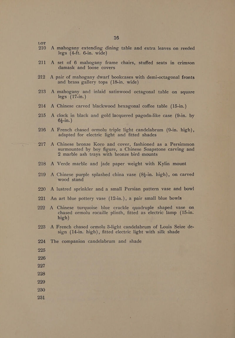 210 211 212 16 A mahogany extending dining table and extra leaves on reeded legs (4-ft. 6-in. wide) A set of 6 mahogany frame chairs, stuffed seats in crimson damask and loose covers A pair of mahogany dwarf bookcases with demi-octagonal fronts and brass gallery tops (18-in. wide) A mahogany and inlaid satinwood octagonal table on square legs (17-in.) A Chinese carved blackwood hexagonal coffee table (15-in.) A clock in black and gold lacquered pagoda-like case (9-in. by 64-in. ) A French chased ormolu triple light candelabrum (9-in. high), adapted for electric light and fitted shades A Chinese bronze Koro and cover, fashioned as a Persimmon surmounted by boy figure, a Chinese Soapstone carving and 2 marble ash trays with bronze bird mounts A Verde marble and jade paper weight with Kylin mount A Chinese purple splashed china vase (8}-in. high), on carved wood stand A lustred sprinkler and a small Persian pattern vase and bowl An art blue pottery vase (12-in.), a pair small blue bowls A Chinese turquoise blue crackle quadruple shaped vase on chased ormolu rocaille plinth, fitted as electric lamp (15-in. high) A French chased ormolu 8-light candelabrum of Louis Seize de- sign (14-in. high), fitted electric light with silk shade The companion candelabrum and shade