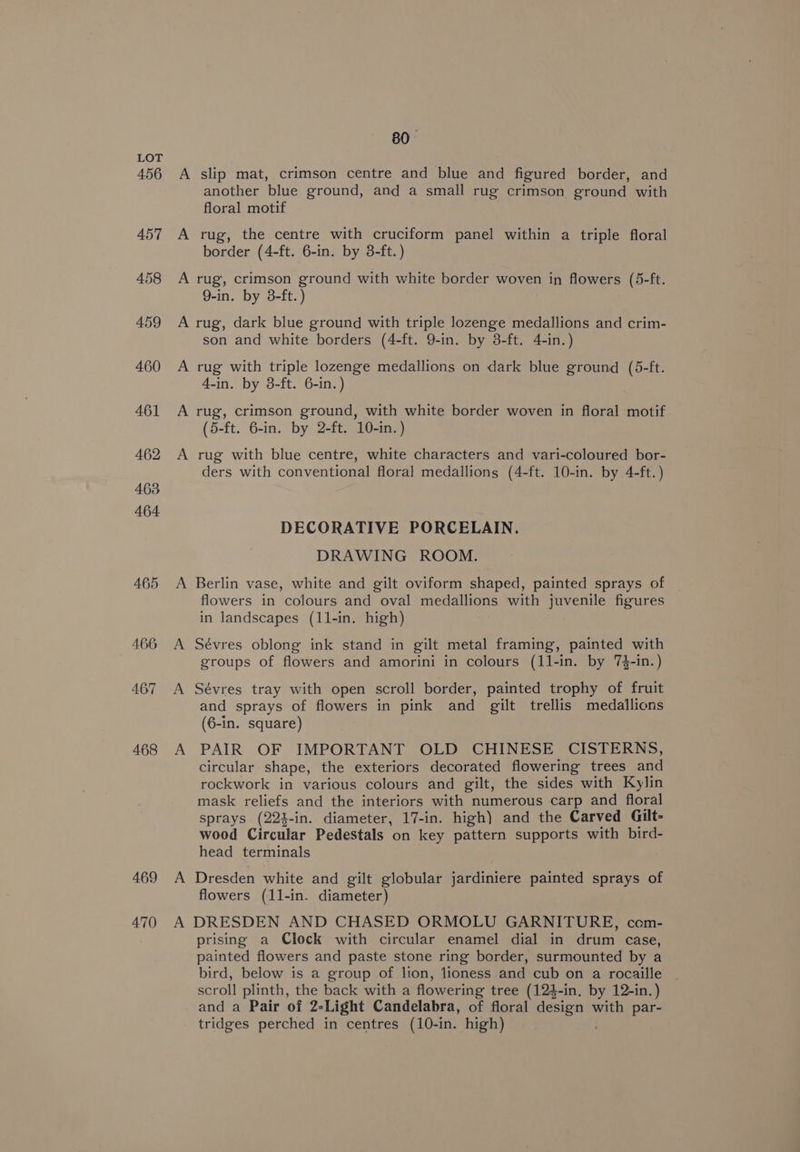 456 465 468 469 470 A A 80: slip mat, crimson centre and blue and figured border, and another blue ground, and a small rug crimson ground with floral motif rug, the centre with cruciform panel within a triple floral border (4-ft. 6-in. by 38-ft.) rug, crimson ground with white border woven in flowers (5-ft. 9-in. by 38-ft. ) A A A son and white borders (4-ft. 9-in. by 3-ft. 4-in.) rug with triple lozenge medallions on dark blue ground (5-ft. 4-in. by 3-ft. 6-in.) rug, crimson ground, with white border woven in floral motif (5-ft. 6-in. by 2-ft. 10-in.) rug with blue centre, white characters and vari-coloured bor- ders with conventional floral medallions (4-ft. 10-in. by 4-ft.) DECORATIVE PORCELAIN. DRAWING ROOM. Berlin vase, white and gilt oviform shaped, painted sprays of flowers in colours and oval medallions with juvenile figures in landscapes (11-in. high) Sévres oblong ink stand in gilt metal framing, painted with groups of flowers and amorini in colours (11-in. by 7$-in.) Sévres tray with open scroll border, painted trophy of fruit and sprays of flowers in pink and gilt trellis medallions (6-in. square) PAIR OF IMPORTANT OLD CHINESE CISTERNS, circular shape, the exteriors decorated flowering trees and rockwork in various colours and gilt, the sides with Kylin mask reliefs and the interiors with numerous carp and floral sprays (223-in. diameter, 17-in. high) and the Carved Gilt- wood Circular Pedestals on key pattern supports with bird- head terminals Dresden white and gilt globular jardiniere painted sprays of flowers (1l-in. diameter) DRESDEN AND CHASED ORMOLU GARNITURE, com- prising a Clock with circular enamel dial in drum case, painted flowers and paste stone ring border, surmounted by a bird, below is a group of lion, lioness and cub on a rocaille scroll plinth, the back with a flowering tree (124-in. by 12-in.) and a Pair of 2-Light Candelabra, of floral Sea with par- tridges perched in centres (10-in. high)