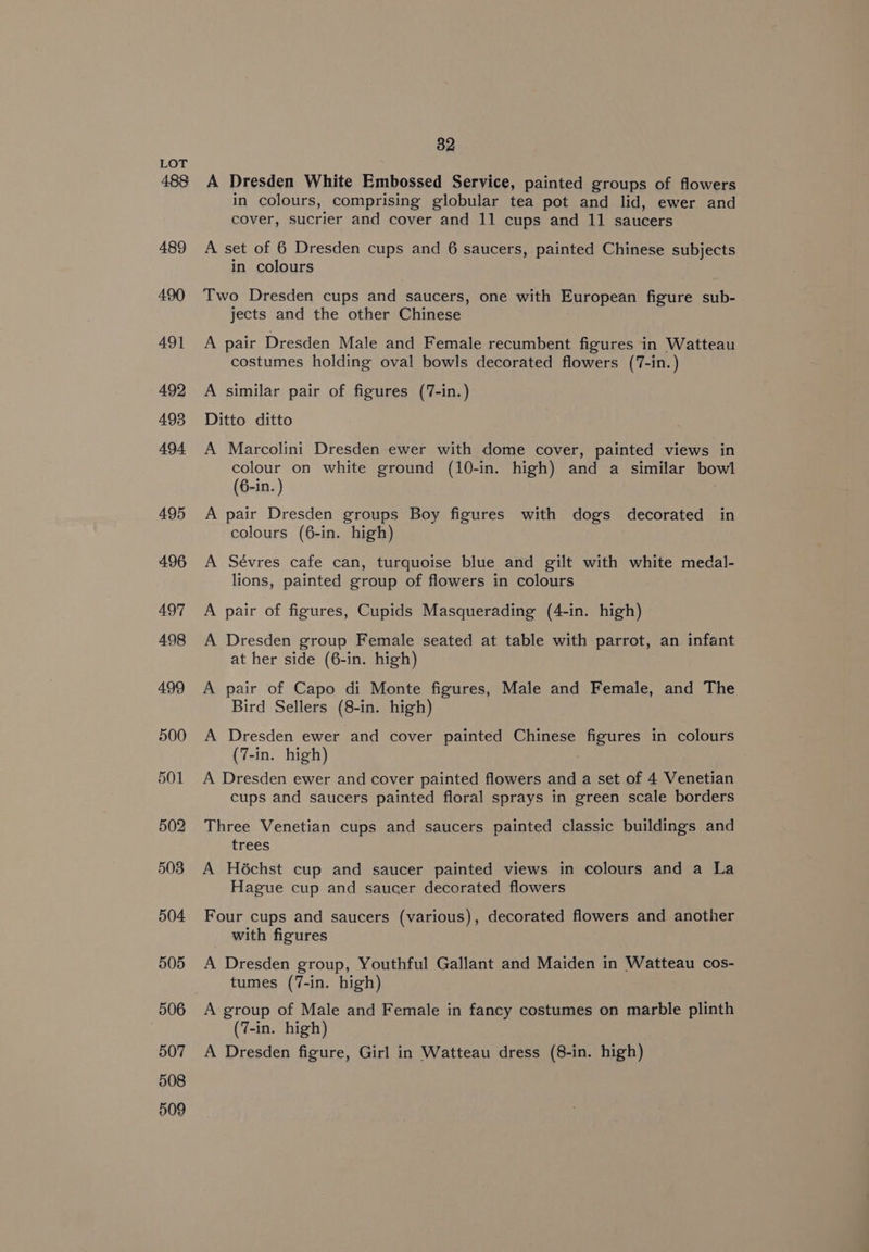 32 A Dresden White Embossed Service, painted groups of flowers in colours, comprising globular tea pot and lid, ewer and cover, sucrier and cover and 11 cups and 11 saucers A set of 6 Dresden cups and 6 saucers, painted Chinese subjects in colours Two Dresden cups and saucers, one with European figure sub- jects and the other Chinese A pair Dresden Male and Female recumbent figures in Watteau costumes holding oval bowls decorated flowers (7-in.) A similar pair of figures (7-in.) Ditto ditto A Marcolini Dresden ewer with dome cover, painted views in colour on white ground (10-in. high) and a similar bowl (6-in. ) A pair Dresden groups Boy figures with dogs decorated in colours (6-in. high) A Sévres cafe can, turquoise blue and gilt with white medal- lions, painted group of flowers in colours A pair of figures, Cupids Masquerading (4-in. high) A Dresden group Female seated at table with parrot, an infant at her side (6-in. high) A pair of Capo di Monte figures, Male and Female, and The Bird Sellers (8-in. high) A Dresden ewer and cover painted Chinese ig she in colours (7-in. high) A Dresden ewer and cover painted flowers and a set of 4 Venetian cups and saucers painted floral sprays in green scale borders Three Venetian cups and saucers painted classic buildings and trees A Héchst cup and saucer painted views in colours and a La Hague cup and saucer decorated flowers Four cups and saucers (various), decorated flowers and another with figures A Dresden group, Youthful Gallant and Maiden in Watteau cos- tumes (7-in. high) A group of Male and Female in fancy costumes on marble plinth (7-in. high) A Dresden figure, Girl in Watteau dress (8-in. high)