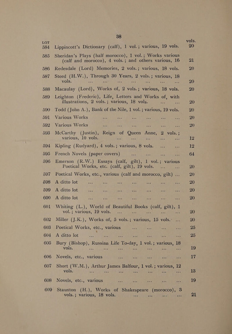 608 609 38 Lippincott’s Dictionary (calf), 1 vol.; various, 19 vols. Sheridan’s Plays (half morocco), 1 vol. ; Works various (calf and morocco), 4 vols.; and others various, 16 Redesdale (Lord) Memories, 2 vols.; various, 18 vols. Steed (H.W.), Through 80 Years, 2 vols.; various, 18 vols. ie Mi 4s re Rad ide Leighton (Frederic), Life, Letters and Works of, with illustrations, 2 vols.; various, 18 vols. Todd (John A.), Bank of the Nile, 1 vol. ; various, 19 vols. Various Works Various Works # <x ep <a ee McCarthy (Justin), Reign of Queen Anne, 2 vols.; various, 10 vols. Wr ee a ree ‘ Kipling (Rudyard), 4 vols.; various, 8 vols. French Novels (paper covers) Emerson (R.W.) Essays (calf, gilt), 1 vol.; various Poetical Works, etc. (calf, gilt), 19 vols. Poetical Works, etc., various (calf and morocco, gilt) ... A ditto lot A ditto lot A ditto lot Whiting (L.), World of Beautiful Books sees gilt), 1 vol. ; various, 19 vols. mS Miller (J.K.), Works of, 5 vols.; various, 15 vols.’ Poetical Works, etc., various A ditto lot Bury (Bishop), Russian Life To- see 1 vol. ; various, 18 vols. ‘5 vel ,, A ‘ Novels, etc., various Short (W.M.), Arthur James Balfour, 1 vol. ; various, 12 vols. de a BN a on rye ee Novels, etc., various Staunton (H.), Works of arose (morocco), 3 vols. ; various, 18 vols. f % vols. 20 21 20 20