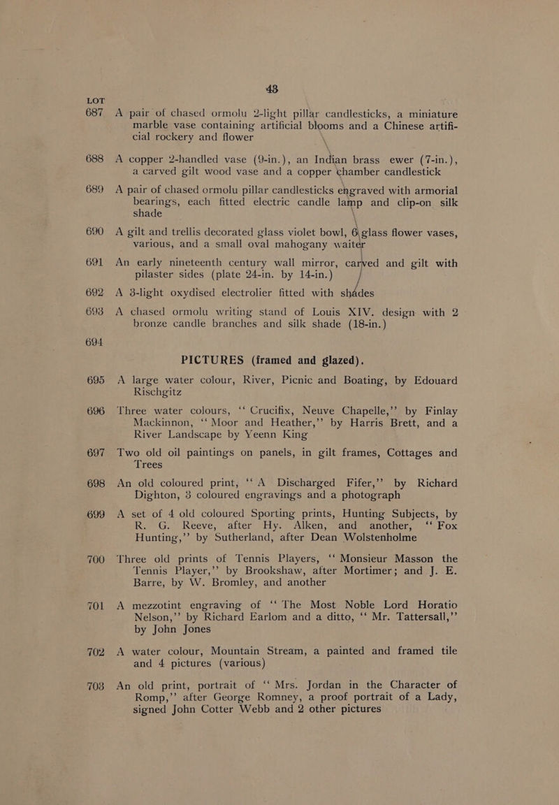 687 698 699 700 701 702 703 43 A pair of chased ormolu 2-light pillar candlesticks, a miniature marble vase containing artificial wsie= and a Chinese artifi- cial rockery and flower : A copper 2-handled vase (9-in.), an Indian brass ewer (7-in.), a carved gilt wood vase and a copper chamber candlestick A pair of chased ormolu pillar candlesticks ehgraved with armorial bearings, each fitted electric candle pets and clip-on silk shade A gilt and trellis decorated glass violet bowl, Mestasd flower vases, various, and a small oval mahogany ee | An early nineteenth century wall mirror, carved and gilt with pilaster sides (plate 24-in. by 14-in.) A 3-light oxydised electrolier fitted with be A chased ormolu writing stand of Louis XIV. design with 2 bronze candle branches and silk shade (18-in.) PICTURES (framed and glazed). A large water colour, River, Picnic and Boating, by Edouard Rischgitz Three water colours, ‘‘ Crucifix, Neuve Chapelle,’’ by Finlay Mackinnon, ‘‘ Moor and Heather,’’ by Harris Brett, and a River Landscape by Yeenn King Two old oil paintings on panels, in gilt frames, Cottages and Trees An old coloured print, ‘‘ A Discharged Fifer,’’ by Richard Dighton, 3 coloured engravings and a photograph A set of 4 old coloured Sporting prints, Hunting Subjects, by Re G.” Reeve, after Hy.) Alken) Saad ee mother,” o** Fox Hunting,’’ by Sutherland, after Dean Wolstenholme Three old prints of Tennis Players, ‘‘ Monsieur Masson the Tennis Player,’’ by Brookshaw, after Mortimer; and J. E. Barre, by W. Bromley, and another A mezzotint engraving of ‘‘ The Most Noble Lord Horatio Nelson,’’ by Richard Earlom and a ditto, ‘‘ Mr. Tattersall,” by John Jones A water colour, Mountain Stream, a painted and framed tile and 4 pictures (various) An old print, portrait of ‘‘ Mrs. Jordan in the Character of Romp,’’ after George Romney, a proof portrait of a Lady, signed John Cotter Webb and 2 other pictures