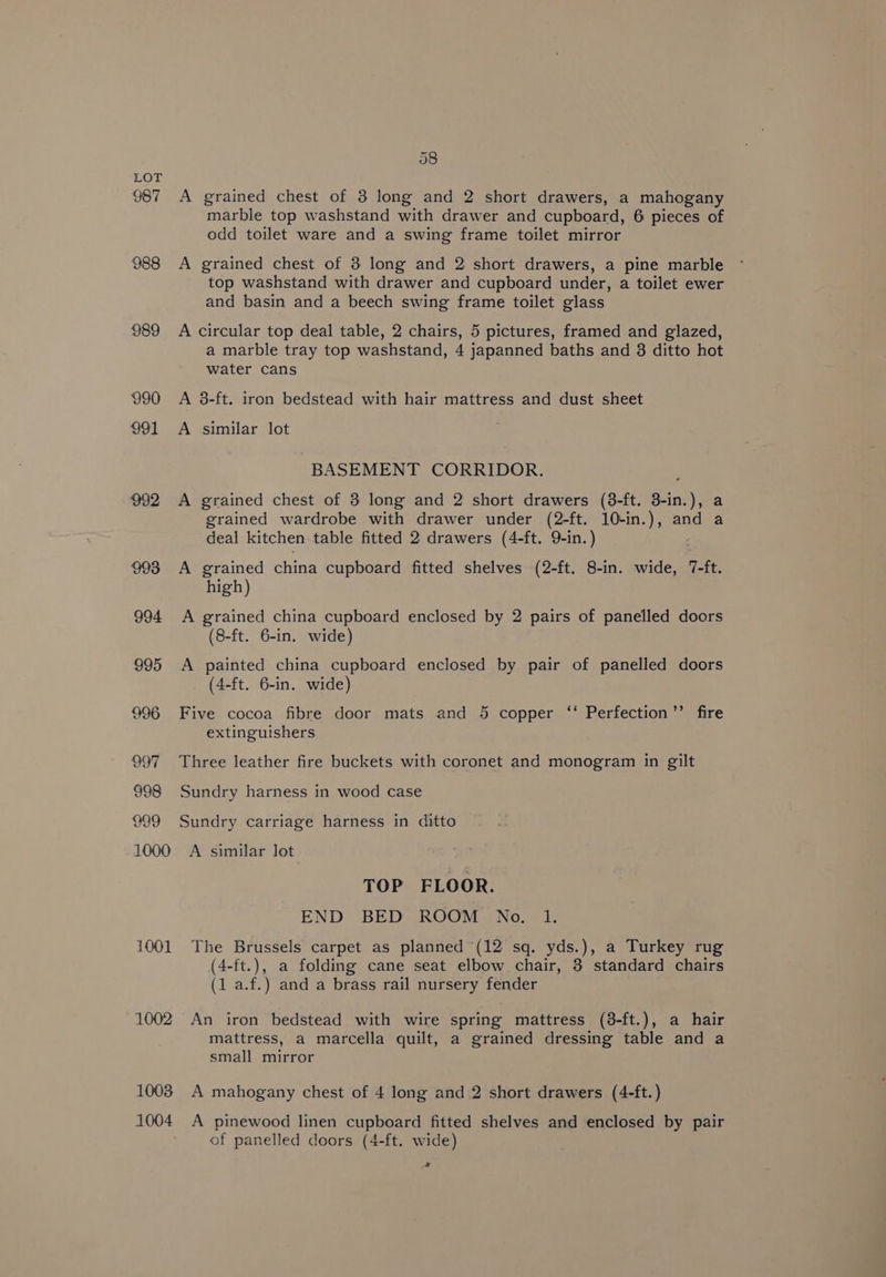 987 988 989 990 991 992 993 1002 1003 1004 08 A grained chest of 3 long and 2 short drawers, a mahogany marble top washstand with drawer and cupboard, 6 pieces of odd toilet ware and a swing frame toilet mirror A grained chest of 3 long and 2 short drawers, a pine marble top washstand with drawer and cupboard under, a toilet ewer and basin and a beech swing frame toilet glass A circular top deal table, 2 chairs, 5 pictures, framed and glazed, a marble tray top washstand, 4 japanned baths and 8 ditto hot water cans A 8-ft. iron bedstead with hair mattress and dust sheet A similar lot BASEMENT CORRIDOR. A grained chest of 3 long and 2 short drawers (3-ft. 3-in.), a grained wardrobe with drawer under (2-ft. 10-in.), and a deal kitchen table fitted 2 drawers (4-ft. 9-in.) A grained china cupboard fitted shelves (2-ft. 8-in. wide, 7-ft. high) A grained china cupboard enclosed by 2 pairs of panelled doors (8-ft. 6-in. wide) A painted china cupboard enclosed by pair of panelled doors (4-ft. 6-in. wide) Five cocoa fibre door mats and 5 copper ‘‘ Perfection’’ fire extinguishers Three leather fire buckets with coronet and monogram in gilt Sundry harness in wood case Sundry carriage harness in ditto A similar lot TOP FLOOR. END BED ROOM No. 1. The Brussels carpet as planned (12 sq. yds.), a Turkey rug (4-ft.), a folding cane seat elbow chair, 3 standard chairs (1 a.f.) and a brass rail nursery fender An iron bedstead with wire spring mattress (8-ft.), a hair mattress, a marcella quilt, a grained dressing table and a small mirror A mahogany chest of 4 long and 2 short drawers (4-ft.) A pinewood linen cupboard fitted shelves and enclosed by pair of panelled doors (4-ft. wide) *