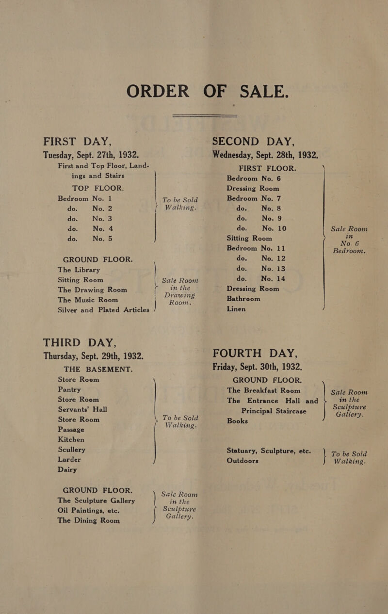 FIRST DAY, ings and Stairs TOP FLOOR. Bedroom No. 1 do. No, 2 do. No. 3 do. No. 4 do. No. 5 GROUND FLOOR. The Library Sitting Room The Drawing Room The Music Room THIRD DAY, THE BASEMENT. Store Room Pantry Store Room Servants’ Hall Store Room Passage Kitchen Scullery Larder Dairy GROUND FLOOR. The Sculpture Gallery Oil Paintings, etc. The Dining Room To be Sold Walking. ee Sale Room | in the | Drawing Room. To be Sold Walking. Sale Room in the Sculpture Gallery. FIRST FLOOR. Bedroom No. 6 Dressing Room Bedroom No. 7 do. No. 8 do. No. 9 do. No. 10 Sale Room Sitting Room Re . Bedroom No. 11 Bedraane do. No. 12 do. No. 13 do. No. 14 Dressing Room Bathroom Linen FOURTH DAY, Friday, Sept. 30th, 1932. GROUND FLOOR. The Breakfast Room Sale Room The Entrance Hall and in the Principal Staircase noes wi: Books Statuary, Sculpture, etc. } To be Sold Outdoors Walking.