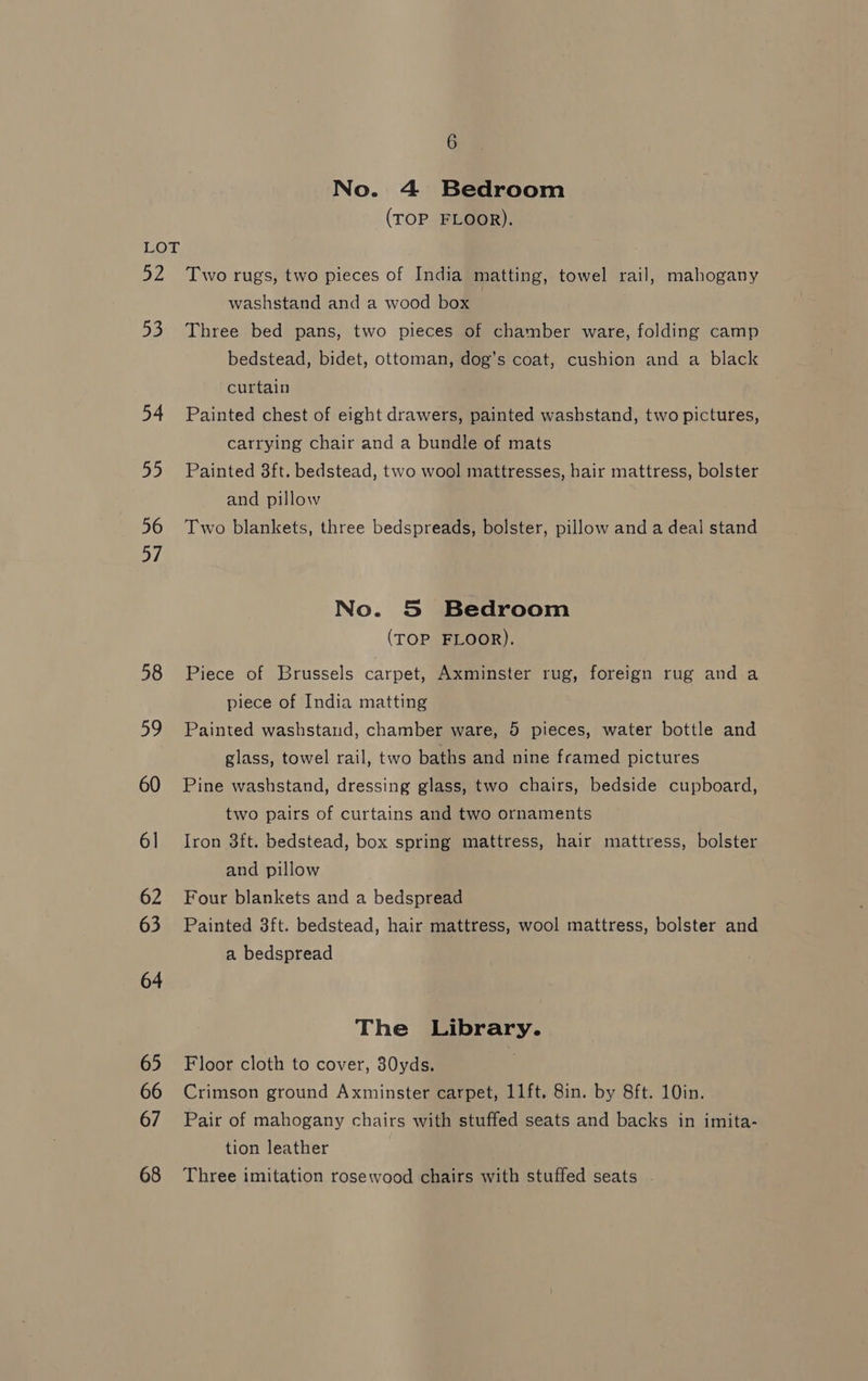 52 53 34 55 56 57 58 59 60 6] 62 63 64 65 66 67 68 6 No. 4 Bedroom (TOP FLOOR). Two rugs, two pieces of India matting, towel rail, mahogany washstand and a wood box Three bed pans, two pieces of chamber ware, folding camp bedstead, bidet, ottoman, dog’s coat, cushion and a black curtain Painted chest of eight drawers, painted washstand, two pictures, carrying chair and a bundle of mats Painted 8ft. bedstead, two wool mattresses, hair mattress, bolster and pillow Two blankets, three bedspreads, bolster, pillow and a deal stand No. 5S Bedroom (TOP FLOOR). Piece of Brussels carpet, Axminster rug, foreign rug and a piece of India matting Painted washstaud, chamber ware, 5 pieces, water bottle and glass, towel rail, two baths and nine framed pictures Pine washstand, dressing glass, two chairs, bedside cupboard, two pairs of curtains and two ornaments Iron 3ft. bedstead, box spring mattress, hair mattress, bolster and pillow Four blankets and a bedspread Painted 3ft. bedstead, hair mattress, wool mattress, bolster and a bedspread The Library. Floor cloth to cover, 30yds. Crimson ground Axminster carpet, 11ft. 8in. by 8ft. 10in. Pair of mahogany chairs with stuffed seats and backs in imita- tion leather Three imitation rosewood chairs with stuffed seats