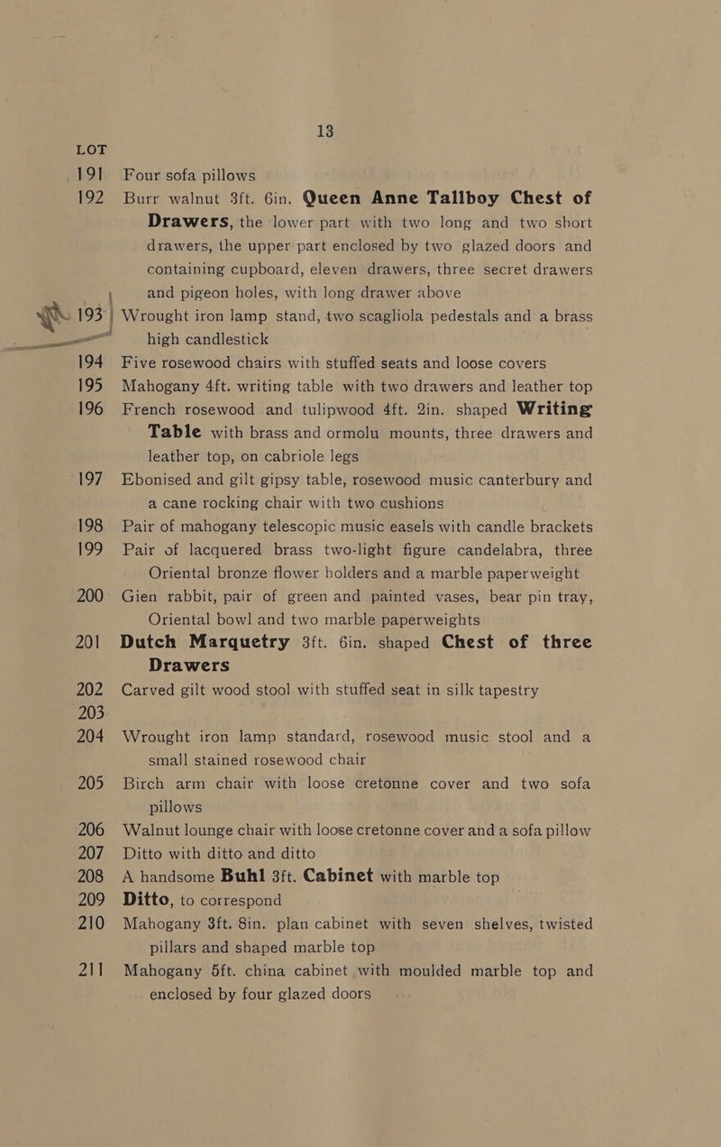 191 192 13 Four sofa pillows Burr walnut 3ft. 6in. Queen Anne Tallboy Chest of Drawers, the lower part with two long and two short drawers, the upper part enclosed by two glazed doors and containing cupboard, eleven drawers, three secret drawers and pigeon holes, with long drawer above 194 195 196 198 199 200 201 202 203 204 205 206 207 208 209 210 211 high candlestick Five rosewood chairs with stuffed seats and loose covers Mahogany 4ft. writing table with two drawers and leather top French rosewood and tulipwood 4ft. 2in. shaped Writing Table with brass and ormolu mounts, three drawers and leather top, on cabriole legs Ebonised and gilt gipsy table, rosewood music canterbury and a cane rocking chair with two cushions Pair of mahogany telescopic music easels with candle ee Pair of lacquered brass two-light figure candelabra, three Oriental bronze flower holders and a marble paperweight Gien rabbit, pair of green and painted vases, bear pin tray, Oriental bowl and two marble paperweights Dutch Marquetry 3ft. 6in. shaped Chest of three Drawers Carved gilt wood stool with stuffed seat in silk tapestry Wrought iron lamp standard, rosewood music stool and a small stained rosewood chair Birch arm chair with loose cretonne cover and two sofa pillows Walnut lounge chair with loose cretonne cover and a sofa pillow Ditto with ditto and ditto A handsome Buhl 3ft. Cabinet with marble top Ditto, to correspond Mahogany 8ft. 8in. plan cabinet with seven shelves, twisted pillars and shaped marble top Mahogany 5ft. china cabinet with moulded marble top and enclosed by four glazed doors