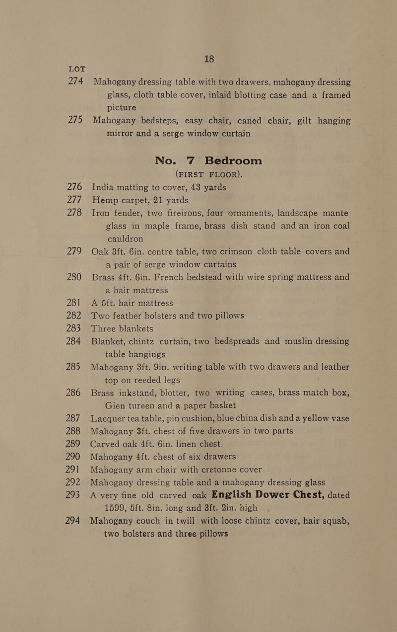 274 275 276 277 278 219 280 281 282 283 284 285 286 287 288 289 290 291 292 293 294 18 Mahogany dressing table with two drawers, mahogany dressing glass, cloth table cover, inlaid blotting case and a framed picture Mahogany bedsteps, easy chair, caned chair, gilt hanging mirror and a serge window curtain No. 7 Bedroom (FIRST FLOOR). India matting to cover, 438 yards Hemp carpet, 21 yards Iron fender, two fireirons, four ornaments, landscape mante glass in maple frame, brass dish stand and an iron coal cauldron Oak 3ft. 6in. centre table, two crimson cloth table covers and a pair of serge window curtains Brass 4ft. 6in. French bedstead with wire spring mattress and a hair mattress A 5ft. hair mattress Two feather bolsters and two pillows Three blankets Blanket, chintz curtain, two bedspreads and muslin dressing table hangings Mahogany 38ft. Yin. writing table with two drawers and leather top on reeded legs Brass inkstand, blotter, two writing cases, brass match box, Gien tureen and a paper basket Lacquer tea table, pin cushion, blue china dish and a yellow vase Mahogany 3ft. chest of five drawers in two parts Carved oak 4ft. 6in. linen chest Mahogany 4ft. chest of six drawers Mahogany arm chair with cretonne cover Mahogany dressing table and a mahogany dressing glass A very fine old carved oak English Dower Chest, dated 1599, 5ft. 8in. long and 8ft. Qin. nigh Mahogany couch in twill with loose chintz cover, hair squab, two bolsters and three pillows