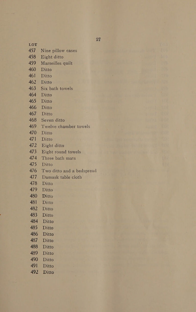 457 458 459 460 463 468 469 472 473 474 475 476 477 478 Nine pillow cases Eight ditto Marseilles quilt Ditto Six bath towels Seven ditto ‘welve chamber towels Eight ditto Eight round towels Three bath mats Ditto Two ditto and a bedspread Damask table cloth Ditto