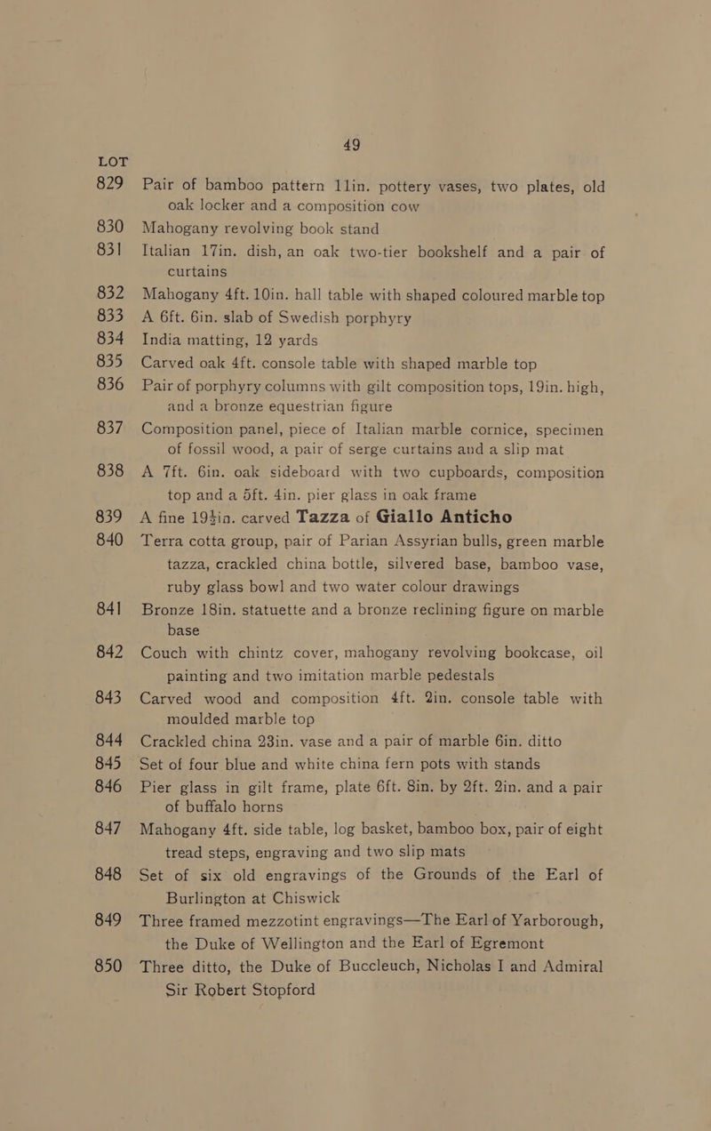 829 830 831 832 833 834 835 836 837 838 839 840 84] 842 843 844 845 846 847 848 849 850 49 Pair of bamboo pattern llin. pottery vases, two plates, old oak locker and a composition cow Mahogany revolving book stand Italian 17in, dish, an oak two-tier bookshelf and a pair. of curtains Mahogany 4ft. 10in. hall table with shaped coloured marble top A 6ft. 6in. slab of Swedish porphyry India matting, 12 yards Carved oak 4ft. console table with shaped marble top Pair of porphyry columns with gilt composition tops, 19in. high, and a bronze equestrian figure Composition panel, piece of Italian marble cornice, specimen of fossil wood, a pair of serge curtains and a slip mat A 7ft. 6in. oak sideboard with two cupboards, composition top and a Oft. 4in. pier glass in oak frame A fine 194in. carved Tazza of Giallo Anticho Terra cotta group, pair of Parian Assyrian bulls, green marble tazza, crackled china bottle, silvered base, bamboo vase, ruby glass bowl and two water colour drawings Bronze 18in. statuette and a bronze reclining figure on marble base Couch with chintz cover, mahogany revolving bookcase, oil painting and two imitation marble pedestals Carved wood and composition 4ft. 2in. console table with moulded marble top Crackled china 23in. vase and a pair of marble 6in. ditto Set of four blue and white china fern pots with stands Pier glass in gilt frame, plate 6ft. 8in. by 2ft. Qin. and a pair of buffalo horns Mahogany 4ft. side table, log basket, bamboo box, pair of eight tread steps, engraving and two slip mats Set of six old engravings of the Grounds of the Earl of Burlington at Chiswick Three framed mezzotint engravings—The Earl of Yarborough, the Duke of Wellington and the Earl of Egremont Three ditto, the Duke of Buccleuch, Nicholas I and Admiral Sir Robert Stopford
