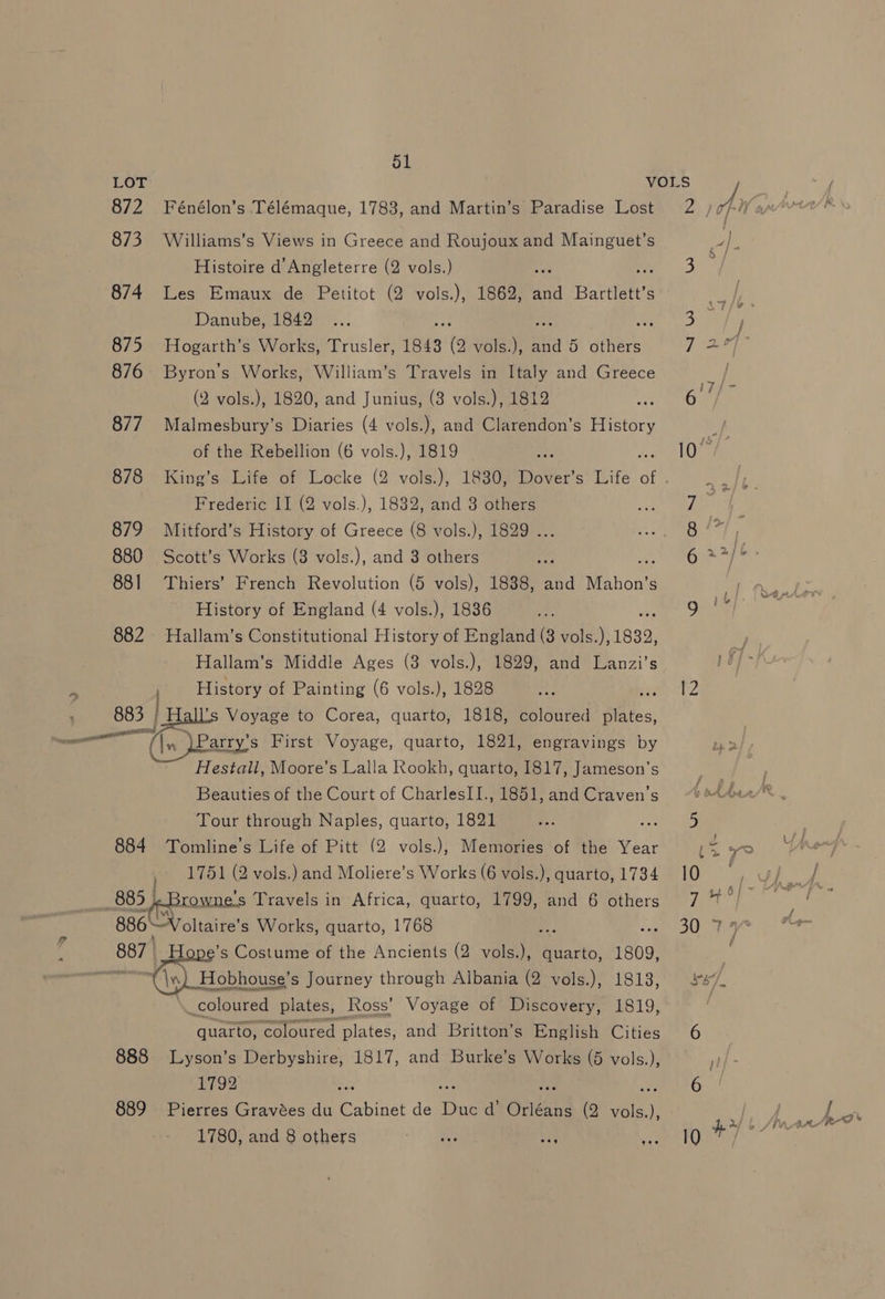 872 Fénélon’s Télémaque, 1783, and Martin’s Paradise Lost 873 Williams’s Views in Greece and Roujoux and Mainguet’s Histoire d’Angleterre (2 vols.) : 874 Les Emaux de Petitot (2 vols.), 1862, fy Bartlett's S Danube, 1842 Ae wee 875 Hogarth’s Works, Trusler, 1843 (2 vols.), and 5 others 876 Byron’s Works, William’s Travels in Italy and Greece (2 vols.), 1820, and Junius, (3 vols.), 1812 : 877 Malmesbury’s Diaries (4 vols.), and Clarendon’s History of the Rebellion (6 vols.), 1819 : as 878 King’s Life of Locke (2 vols.), 1830, Dover’s Life of Frederic IT (2 vols.), 1832, and 3 others 879 Mitford’s History of Greece (8 vols.), 1829 ... 880 Scott’s Works (3 vols.), and 3 others ‘ ae 881 Thiers’ French Revolution (5 vols), 1838, and Mahon’s History of England (4 vols.), 1836 age 882 Hallam’s Constitutional History of England (8 vols.), 1832, Hallam's Middle Ages (3 vols.), 1829, and Lanzi’s | History of Painting (6 vols.), 1828 ve 883 | H Voyage to Corea, quarto, 1818, coloured plates, Parry’s First Voyage, quarto, 1821, engravings by Hestall, Moore's Lalla Rookh, quarto, 1817, Jameson's Beauties of the Court of CharlesII., 1851, and Craven's Tour through Naples, quarto, 1821 ret 884 Tomline’s Life of Pitt (2 vols.), Memories of the Year OYE (2 vols.) and Moliere’s Works (6 vols.), quarto, 1734 885 | rowne.s Travels in Africa, quarto, 1799, and 6 others 886 NV oltaire's Works, quarto, 1768 4 887 s Costume of the Ancients (2 vols.), quarto, 1809, reed Ay) aticussl Journey through Albania (2 vols.), 1813, coloured plates, Ross’ Voyage of Discovery, 1819, quarto, coloured plates, and Britton’s English Cities 888 Lyson’s Derbyshire, 1817, and Burke’s Works (5 vols.), 1792 AF 889 Pierres Gravées du ane de Due d’ Oudand (2 vols.), 1780, and 8 others eeg qee