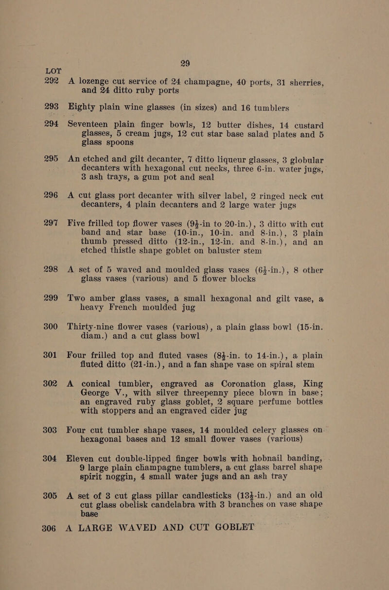 292 293 294 295 296 297 298 299 300 301 302 303 304 305 306 29 A lozenge cut service of 24 champagne, 40 ports, 31 sherries, and 24 ditto ruby ports Seventeen plain finger bowls, 12 butter dishes, 14 custard glasses, 5 cream jugs, 12 cut star base salad plates and 5 glass spoons An etched and gilt decanter, 7 ditto liqueur glasses, 3 globular decanters with hexagonal cut necks, three 6-in. water jugs, ' 3 ash trays, a gum pot and seal A cut glass port decanter with silver label, 2 ringed neck cut decanters, 4 plain decanters and 2 large water jugs Five frilled top flower vases (94-in to 20-in.), 3 ditto with cut band and star base (10-in., 10-in. and 8-in.), 3 plain thumb pressed ditto (12-in., 12-in. and 8-in.), and an etched thistle shape goblet on baluster stem A set of 5 waved and moulded glass vases (64-in.), 8 other glass vases (various) and 5 flower blocks Two amber glass vases, a small hexagonal and gilt vase, a heavy French moulded jug Thirty-nine flower vases (various), a plain glass bowl (15-in. diam.) and a cut glass bowl Four frilled top and fluted vases (83-in. to 14-in.), a plain fluted ditto (21-in.), and a fan shape vase on spiral stem A conical tumbler, engraved as Coronation glass, King George V., with silver threepenny piece blown in base; an engraved ruby glass goblet, 2 square perfume bottles with stoppers and an engraved cider jug Four cut tumbler shape vases, 14 moulded celery glasses on. hexagonal bases and 12 small flower vases (various) Eleven cut double-lipped finger bowls with hobnail banding, . 9 large plain champagne tumblers, a cut glass barrel shape spirit noggin, 4 small water jugs and an ash tray A set of 3 cut glass pillar candlesticks (133-in.) and an old cut glass obelisk candelabra with 8 branches on vase shape base A LARGE WAVED AND CUT GOBLET