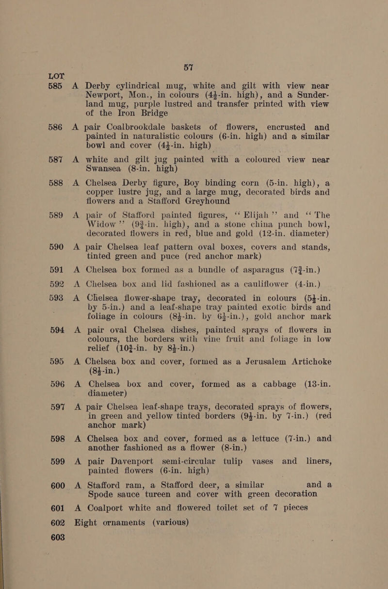 585 586 587 588 589 590 591 592 593 594 595 596 597 598 599 602 603 A 57 Derby cylindrical mug, white and gilt with view near Newport, Mon., in colours (44-in. high), and a Sunder- land mug, purple lustred and transfer printed with view of the Iron Bridge pair Coalbrookdale baskets of flowers, encrusted and painted in naturalistic colours (6-in. high) and a similar bowl and cover (44-in. high) white and gilt jug painted with a coloured view near Swansea (8-in. high) Chelsea Derby figure, Boy binding corn (5-in. high), a copper lustre jug, and a large mug, decorated birds and flowers and a Stafford Greyhound pair of Stafford painted figures, ‘‘ Elijah ’’ and ‘‘ The Widow ”’ (9#-in. high), and a stone china punch bowl, decorated flowers in red, blue and gold (12-in. diameter) pair Chelsea leaf pattern oval boxes, covers and stands, tinted green and puce (red anchor mark) Chelsea box formed as a bundle of asparagus (7#-in.) Chelsea box and lid fashioned as a cauliflower (4-in.) Chelsea flower-shape tray, decorated in colours (54-in. by 5-in.) and a leaf-shape tray painted exotic birds and foliage in colours (83-in. by 6$-in.), gold anchor mark pair oval Chelsea dishes, painted sprays of flowers in colours, the borders with vine fruit and foliage in low relief (10$-in. by 84-in.) A A A A A (84-in.) Chelsea box and cover, formed as a cabbage (13-in. diameter) pair Chelsea leaf-shape trays, decorated sprays of flowers, in green and yellow tinted borders (94-in. by 7-in.) (red anchor mark) Chelsea box and cover, formed as a lettuce (7-in.) and another fashioned as a flower (8-in.) pair Davenport semi-circular tulip vases and_ liners, painted flowers (6-in. high) Stafford ram, a Stafford deer, a similar and a Spode sauce tureen and cover with green decoration