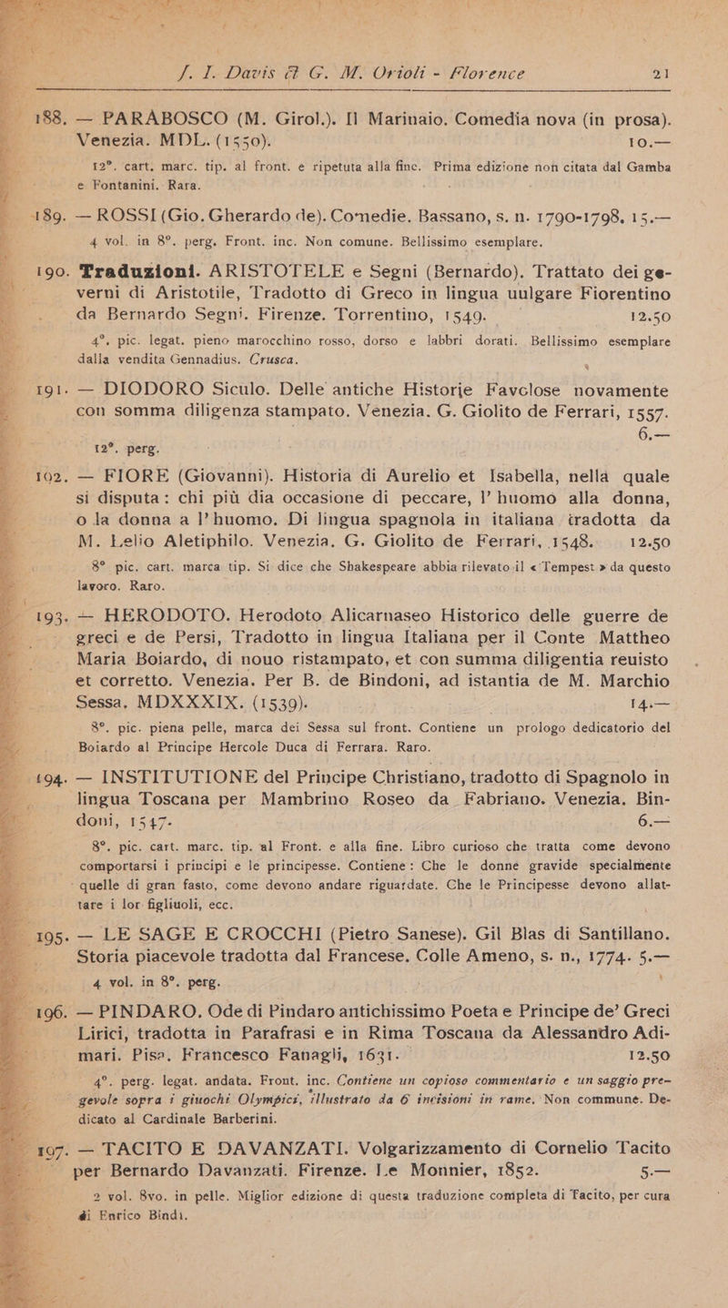 oe a 188, — PARABOSCO (M. Girol.). I] Marinaio. Comedia nova (in prosa). Venezia. MDL. (1550). 10.— x 12”. cart, marc. tip. al front. e ripetuta alla finc. Prima edizione non citata dal Gamba a e Fontanini. Rara. _ 189. — ROSSI (Gio. Gherardo de). Comedie. Bassano, s. n. 1790-1798, 15.— 4 vol. in 8°. perg. Front. inc. Non comune. Bellissimo esemplare. 190. Praduzioni. ARISTOTELE e Segni (Bernardo). Trattato dei ge- a verni di Aristotile, Tradotto di Greco in lingua uulgare Fiorentino da Bernardo Segni. Firenze. Torrentino, 1549. 12.50 4°, pic. legat. pieno marocchino rosso, dorso e labbri dorati. Bellissimo esemplare ie dalia vendita Gennadius. Crusca. a ~ 191. — DIODORO Siculo. Delle antiche Historie Favclose novamente con somma diligenza stampato. Venezia. G. Giolito de Ferrari, 1557. g ue Gis - 12°, perg. 192, — FIORE (Giovanni). Historia di Aurelio et Isabella, nella quale - si disputa: chi pitt dia occasione di peccare, 1’ huomo alla donna, ~~ ola donna a l huomo. Di lingua spagnola in italiana cradotta da - M. Lelio Aletiphilo. Venezia. G. Giolito de Ferrari, 1548. 12.50 8° pic. cart. marca tip. Si dice che Shakespeare abbia rilevato il <«'Tempest » da questo lavoro. Raro. — HERODOTO. Herodoto Alicarnaseo Historico delle guerre de greci e de Persi, Tradotto in lingua Italiana per il Conte Mattheo Maria Boiardo, di nouo ristampato, et con summa diligentia reuisto ee et corretto. Venezia. Per B. de Bindoni, ad istantia de M. Marchio a Sessa, MDXXXIX. (1539). ye 8°. pic. piena pelle, marca dei Sessa sul front. Contiene un prologo dedicatorio del Boiardo al Principe Hercole Duca di Ferrara. Raro. _ £94. — INSTITUTIONE del Principe Christiano, tradotto di Spagnolo in a lingua Toscana per Mambrino Roseo da_ Fabriano. Venezia. Bin- doni, 1547- 6.— 8°. pic. cart. marc. tip. al Front. e alla fine. Libro curioso che tratta come devono comportarsi i principi e Je principesse. Contiene: Che le donne gravide specialmente : quelle di gran fasto, come devono andare riguardate. Che le Principesse devono allat- ~~ tare i lor: figliuoli, ecc. 195. — LE SAGE E CROCCHI (Pietro Sanese). Gil Blas di ellane. = Storia piacevole tradotta dal Francese. Colle Ameno, s. n., 1774. 5.— : 4 vol. in 8°. perg. ; ; % = 196. — PINDARO. Ode di Pindaro muieiasiind Poeta e Principe de’ Greci Lirici, tradotta in Parafrasi e in Rima Toscana da Alessandro Adi- mari. Pise, Francesco Fanagli, 1631. 12.50 ge _perg. legat. andata. Front. inc. Conttene un copioso commentario ¢ un saggio pre- gevole sopra i giuocht Olympics, illustrate da 6 incision’ in rame, Non commune. De- dicato al Cardinale Barberini. 7. — TACITO E DAVANZATI. Volgarizzamento di Cornelio Tacito per Bernardo Davanzati. Firenze. le Monnier, 1852. 5.— 2 vol. 8vo. in pelle. Miglior edizione di questa traduzione completa di Tacito, per cura @i Enrico Bind.