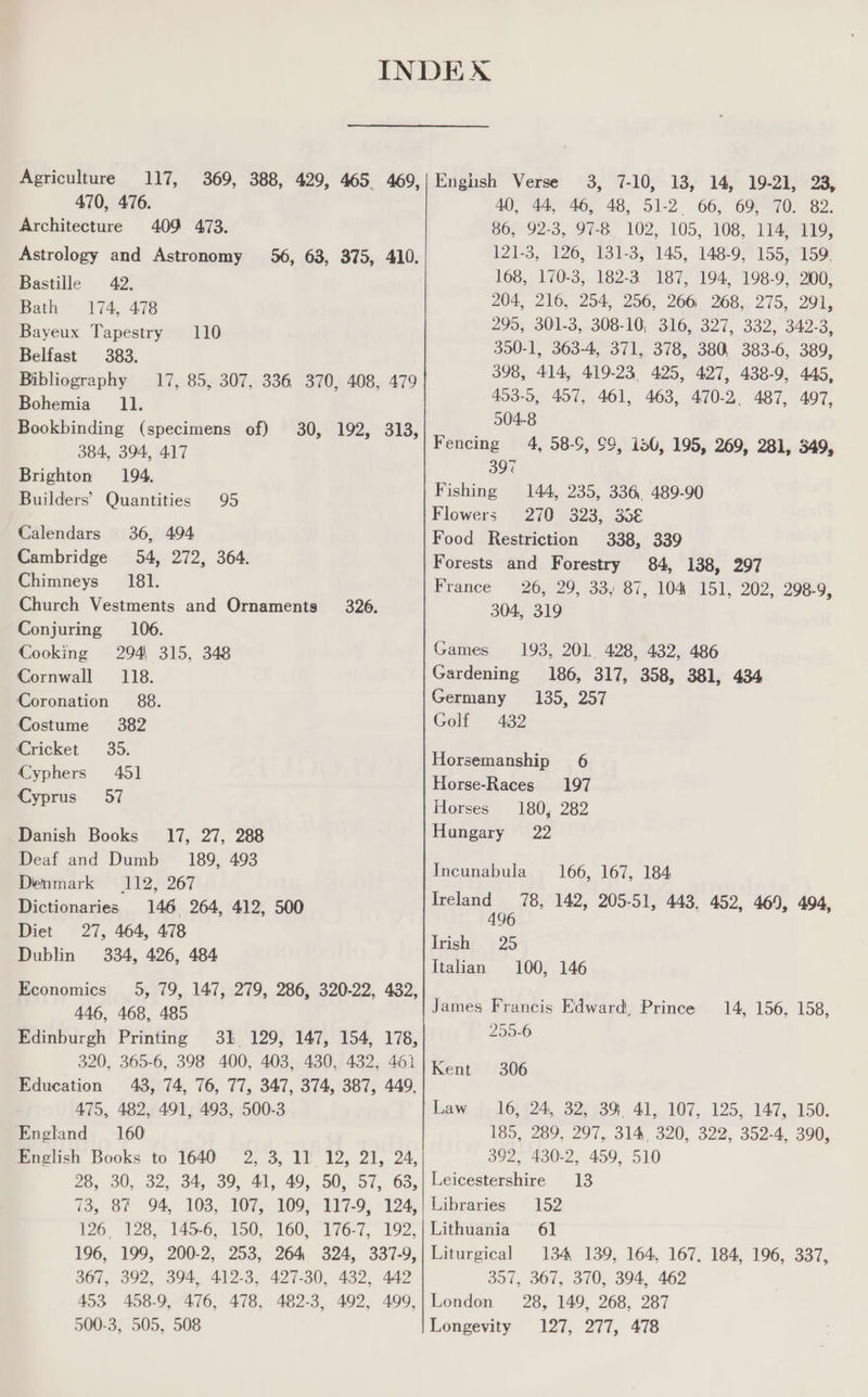 Agriculture 117, 369, 388, 429, 465, 469,| English Verse 3, (-10;° 13, 14,- 19-28) 23, 470, 476. 40, 44, 46, 48, 51-2 66, 69, 70. 82. Architecture 409 473. 86, 92-3, 97-8 102, 105, 108, 114, 119, Astrology and Astronomy 56, 63, 375, 410. 121-3, 126, 131-3, 145, 148-9, 155, 159. Bastille 42) 168, 170-3, 182-3 187, 194, 198-9, 200, Pe 194 ae 204, 216, 254, 256, 266 268, 275, 291, Decae Tapes wahinid 295, 301-3, 308-10, 316, 327, 332, 342-3, loa Ba 0, a 6, ae 17, 85, 307, 336 370, 408, 479 1585, 457, 461, 463, 470-2, 487. 497, Do ae ee | Reneing, 164; 68:6, 99, <t86y dos, ano, 2a4,-eam Brighton 194, ae a Builders’ Quantities 95 Pee 289-20 Flowers 270 323, 35€ Calendars 36, 494 Food Restriction 338, 339 Cambridge 54, 272, 364. Forests and Forestry 84, 138, 297 Chimneys 181. France 26, 29, 33, 87, 104 151, 202, 298-9, Church Vestments and Ornaments 326. 304, 319 Conjuring 106. Cooking 294\ 315, 348 Games 198, 201, 428, 432, 486 Rorawall £19: Gardening 186, 317, 358, 381, 434 Coronation 88. Germany 135, 257 Costume 382 Golf 432 Cricket 35. Horsemanship 6 Cyphers 451 Horse-Races 197 Cyprus 57 Horses 180, 282 Danish Books 17, 27, 288 Hungary 22 Deaf and Dumb 189, 493 Incunabula 166, 167, 184 Denmark 112, 267 eee 264, 412, 500 A ee * 78, 142, 205-51, 443, 452, 469, 494, Diet 27, 464, 478 Tce “a5 Dublin 334, 426, 484 eden. 100s 146 Economics 5, 79, 147, 279, 286, 320-22, 432, ; 446, 468, 485 James Francis Edward, Prince 14, 156, 158, Edinburgh Printing 31 129, 147, 154, 178, 200-6 320, 365-6, 398 400, 403, 430, 432, 461| Kent 306 Education 43, 74, 76, 77, 347, 374, 387, 449. 475, 482, 491, 493, 500-3 Law 16, 24, 32, 3% 41, 107, 125, 147, 150. Pacland, 160 185, 289, 297, 314, 320, 322, 352-4, 390, English Books to 1640 2, 3, 11 12, 21, 24, 392, 430-2, 459, 510 28, 30, 32, 34, 39, 41, 49, 50, 57, 63,| Leicestershire 13 73, 87 94, 103, 107, 109, 117-9, 124,| Libraries 152 126 128, 145-6, 150, 160, 176-7, 192,|Lithuania 61 196, 199, 200-2, 253, 264 324, 337-9,| Liturgical 134 139, 164, 167, 184, 196, 337, 367, 392, 394, 412-3, 427-30, 432, 442 453 458-9, 476, 478, 482-3, 492, 499, 500-3, 505, 508 357, 367, 370, 394, 462 London 28, 149, 268, 287 Longevity 127, 277, 478