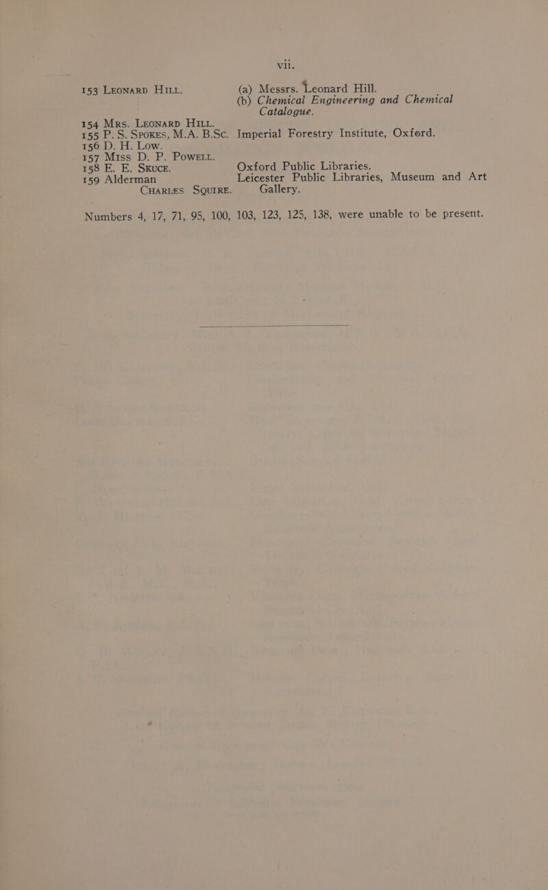 153 LEONARD HILL. (a) Messrs. Leonard Hill. (b) Chemical Engineering and Chemical Catalogue. 154 Mrs. Leonard HILt. 155 P.S. Spoxes, M.A. B.Sc. Imperial Forestry Institute, Oxford. 156 D. H. Low. 157 Miss D. P. Powe Lt. 158 E. E. Sxkuce. Oxford Public Libraries. 159 Alderman Leicester Public Libraries, Museum and Art CHARLES SQUIRE. Gallery. Numbers 4, 17, 71, 95, 100, 103, 123, 125, 138, were unable to be present.