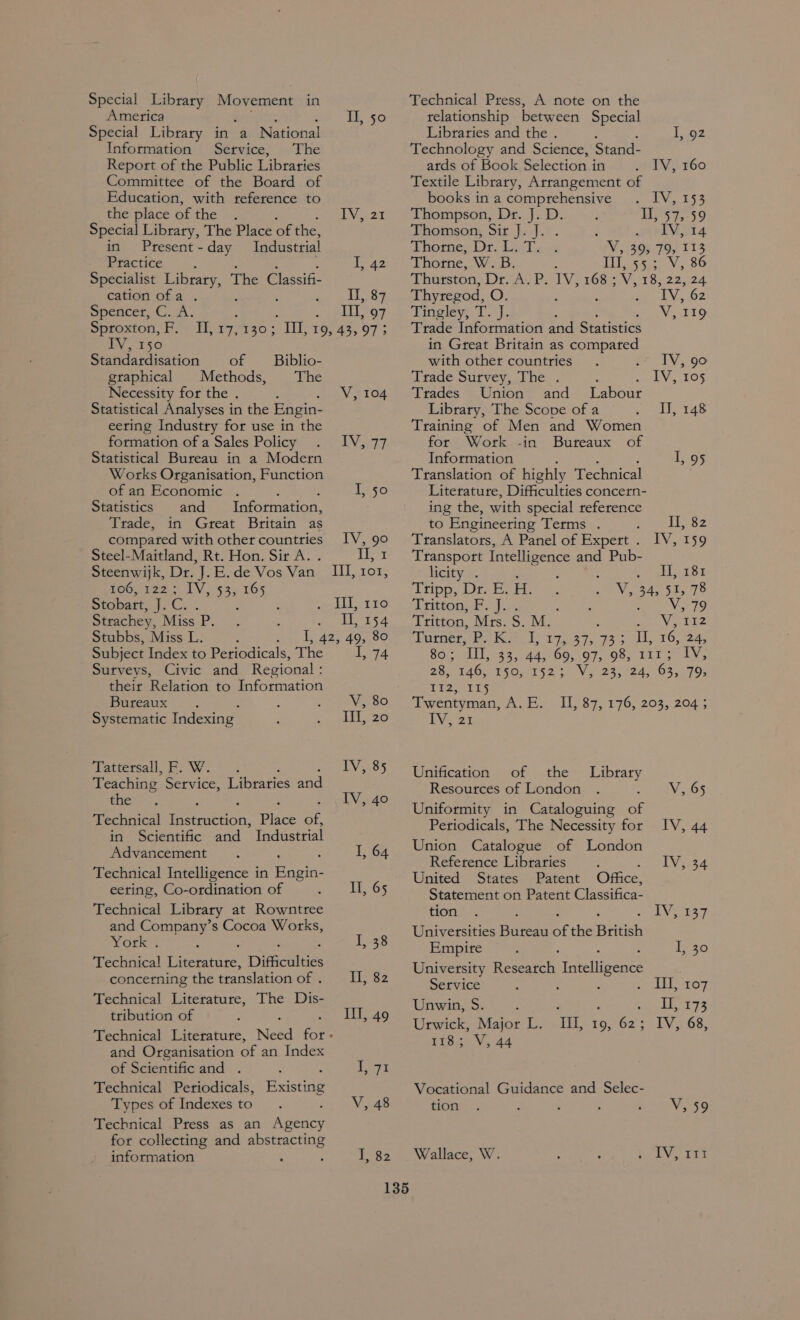 America Special Library in a National Information Service, The Report of the Public Libraries Committee of the Board of Education, with teference to the place of the . Special Library, The Place of the, in Present - day Industrial Practice : Specialist oe The Classifi- cation ofa . , Spencer, C. A. Sproxton, F. IV, 150 Standardisation of graphical Methods, Necessity for the . Statistical Analyses in the Engin- eering Industry for use in the formation of a Sales Policy Statistical Bureau in a Modern Works Organisation, Function of an Economic . ‘ : I, 50 Statistics and Information, Trade, in Great Britain as compared with other countries IV, 90 Steel-Maitland, Rt. Hon. Sir A. . i Steenwijk, Dr. J. E.de Vos Van _ III, ror, Il, 50 LM aE i 42 Il, 87 1, 97 Il, 17,130; Il, 19, 43, 973 Biblio- The V, 104 IV, 77 1o6,.7a2.> LV, 53> 165 Stobart, e ot ‘ Il, 110 Strachey, Miss P. 1, 354 Stubbs, Miss L. : 4 Ape, foeed Subject Index to Periodicals, The ete Ps Surveys, Civic and Regional : their Relation to Information Bureaux V, 80 Systematic Indexing III, 20 Tattersall, F. W. EV, 85 Teaching Service, Libraries and fie : IVii40 Technical Teereaan: Place as in Scientific and ’ Industrial Advancement . E I, 64 Technical Intelligence in Basins eeting, Co-ordination of Technical Library at Rowntree and ae s Cocoa Works, PE Orle. 1 Technical eerie Diiesless concerning the translation of . Technical Literature, The Dis- tribution of : Technical Literature, Need on and Organisation of an Index of Scientific and Technical Periodicals, Types of Indexes to : Technical Press as an Agency for collecting and abstracting information 171 Existing V, 48 I, 82 relationship between Special Libraries and the . I, 92 Technology and Science, Stand- ards of Book Selection in TV, 160 Textile Library, Arrangement of books in a comprehensive 1V, £53 Thompson, Dr. J. D. Beso 55 Thomson, Sir J. J. . weelvi oi 4 Thorne, Dr. L. T. NW, $03 79L 113 Thorne, W. B. ‘ UbisgierV, 86 Thurston, Dr. A. P. IV, 168 ; V, 18, 22, 24 Thyregod, O. : Tv, 62 Tingley, T ey EEO Trade Information and Statistics in Great Britain as compared with other countries TV, 90 Trade Survey, The . as eS Yer Trades Union and Labour Library, The Scone of a I], 148 Training of Men and Women for Work -in Bureaux of Information I, 95 Translation of highly Technical Literature, Difficulties concern- ing the, with special reference to Engineering Terms . Il, 82 Translators, A Panel of Expert . IV, 159 Transport Intelligence and Pub- licity . Il, 181 Tripp, Dr. E. H. V34. 555 71° Tritton, F. J... Pe hoe) Tritton, Mrs. ee M. Oa eos Ge Ameer be) 1 r9..37, 73; poy ti 16, 24, 80; IL, 33, 44, 69, 97, 98, 111; IV, 8 TAG, TsO, 1523 Vg 235224; 63, 79> $2 125 Twentyman, A.E. II, 87, 176, 203, 204 ; TY.-23 Unification of the Library Resources of London V, 65 Uniformity in Cataloguing of Periodicals, The Necessity for IV, 44 Union Catalogue of London Reference Libraries . IV, 34 United States Patent Office, Statement on Patent Classifica- tion IV, 137 Universities Bureau bf the British Empire i 30 University Roe ialleeuce Service : III, 107 Unwin, S. : . ‘ TOS or Urwick, Major L. III, 19, 62; IV, 68, LIS 5) V 44 Vocational Guidance and Selec- tion V; 59 Wallace, W. 1V ir