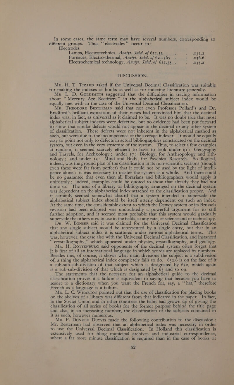 In some cases, the same term may have several numbers, corresponding to different groups. Thus “electrodes” occur in: Electrodes Lamps, Electrotechnics, Ana/yt. Subd. of 621.32 5 Ose. 2 Furnaces, Electro-thermal, Ana/yt. Subd. of 621.365 . : .036.6 Electrochemical technology, Analyt. Subd. of 621.35 . Ae 858 See DISCUSSION. Mr. H. T. Tizarp asked if the Universal Decimal Classification was suitable for making the indexes of books as well as for indexing literature generally. Mr. L. D. GoipsmirH suggested that the difficulties in tracing information about “‘ Mercury Arc Rectifiers” in the alphabetical subject index would be equally met with in the case of the Universal Decimal Classification. Mr. THEODORE BESTERMAN said that not even Professor Pollard’s and Dr. Bradford’s brilliant exposition of their views had convinced him that the decimal index was, in fact, as universal as it claimed to be. It was no doubt true that most alphabetical subject indexes were defective, but no evidence had been put forward to show that similar defects would not appear in the decimal or any other system of classification. These defects were not inherent in the alphabetical method as such, but were due to the incompetence of the average indexer. It would be equally easy to point not only to defects in actual bibliographies constructed on the decimal system, but even in the very structure of the system. Thus, to select a few examples at random, it seemed scarcely efficient to have to look under 91: Geography and Travels, for Archeology; under 57: Biology, for Anthropology and Eth- nology ; and under 13: Mind and Body, for Psychical Research. So illogical, indeed, was the ground plan of the classification in its non-scientific sections (though even these were far from perfect) that it could not be used by the light of intelli- gence alone: it was necessary to master the system as a whole. And there could | be no guarantee that even then all librarians and bibliographers would apply it uniformly ; indeed, examples could be quoted to show that already they had not done so. The user of a library or bibliography arranged on the decimal system was dependent on the alphabetical index attached to the classification proper. And it certainly seemed somewhat absurd that a system intended to supersede the alphabetical subject index should be itself utterly dependent on such an index. At the same time, the considerable extent to which the Dewey system or its Brussels revision had been adopted was undoubtedly a powerful argument for its still further adoption, and it seemed most probable that this system would gradually supersede the others now in use in the fields, at any rate, of science and of technology. Dr. W. Bonser said it was claimed for the Universal Decimal Classification that any single subject would be represented by a single entry, but that in an alphabetical subject index it is scattered under various alphabetical terms. This was, however, the case also with the Universal Decimal Classification, and instanced ** crystallography,” which appeared under physics, crystallography, and geology. Mr. H. RorreNnsurG said opponents of the decimal system often forget that it is first of all an international language in which words are replaced by numbers. Besides this, of course, it shows what main divisions the subject is a subdivision of, a thing the alphabetical index completely fails to do. 632.6 is on the face of it a sub-sub-sub-division of that subject which is designated by 632, which again is a sub-sub-division of that which is designated by 63 and so on. The statements that the necessity for an alphabetical guide to the decimal classification proves it a failure is equivalent to saying that because you have to resort to a dictionary when you want the French for, say, a “hat,” therefore French as a language is a failure. Mr. L. C. WHARTON pointed out that the use of classification for placing books on the shelves of a library was different from that indicated in the paper. In fact, in the Soviet Union and in other countries the habit had grown up of giving the classification of all series of books for the former purpose behind the title page and also, in an increasing number, the classification of the subjects contained in it as such, however numerous. Mr. F. Donker Duyvis made the following contribution to the discussion : Mr. Besterman had observed that an alphabetical index was necessary in order to use the Universal Decimal Classification. In Holland this classification is extensively used for filing municipal archives and industrial correspondence, where a far more minute classification is required than in the case of books or